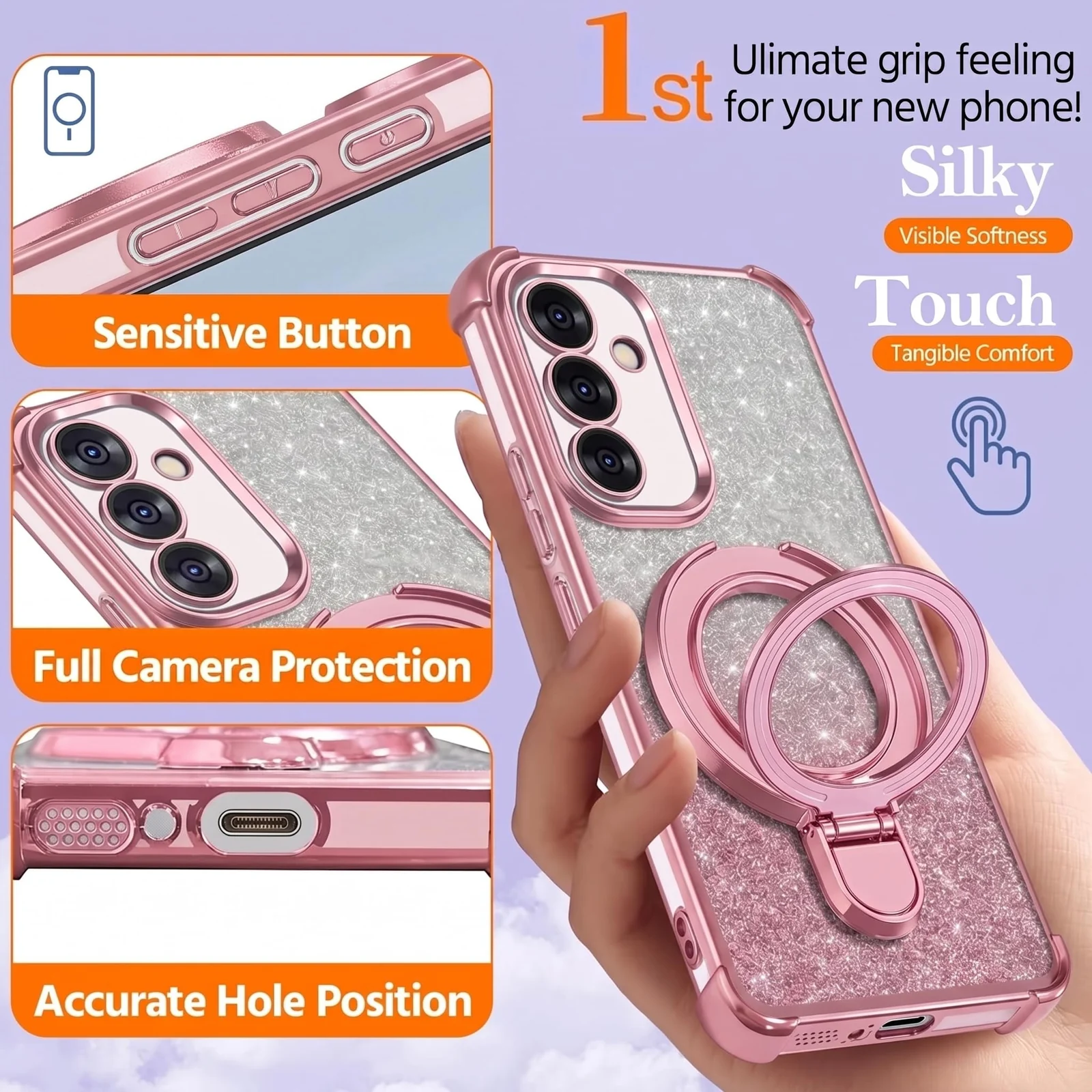 Mobigon Glitter Phone Case Compatible with OPPO A15 / OPPO A15S, Magnetic Ring Stand Shockproof Cover, Clear Soft TPU Bumper with Full Camera Protection - Pink