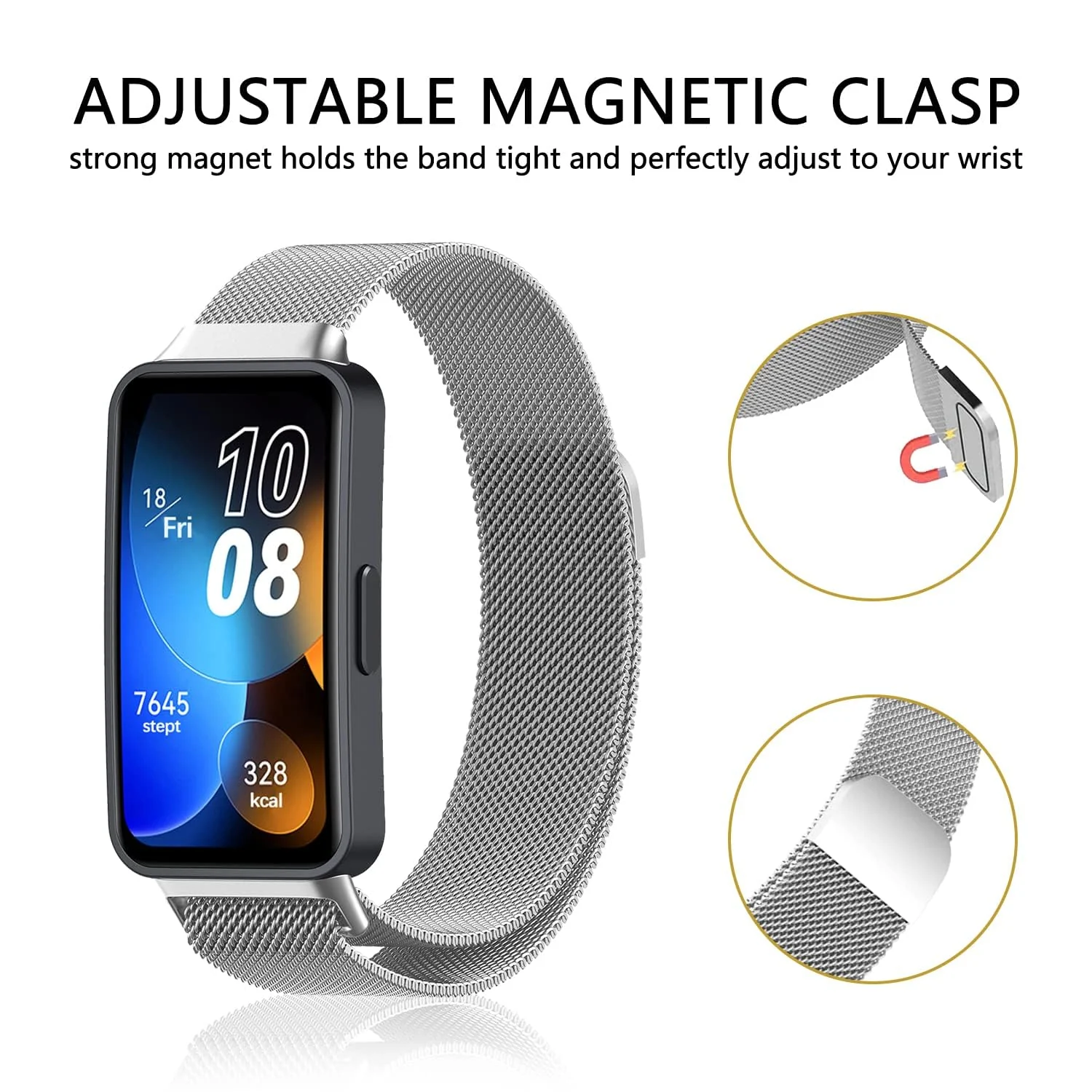 DL3 Mobilak Replacement Band for Huawei Band 8 Replacement Strap Magnetic Metal Stainless Steel Replacement Strap for Men and Women Huawei Band 8 - Silver