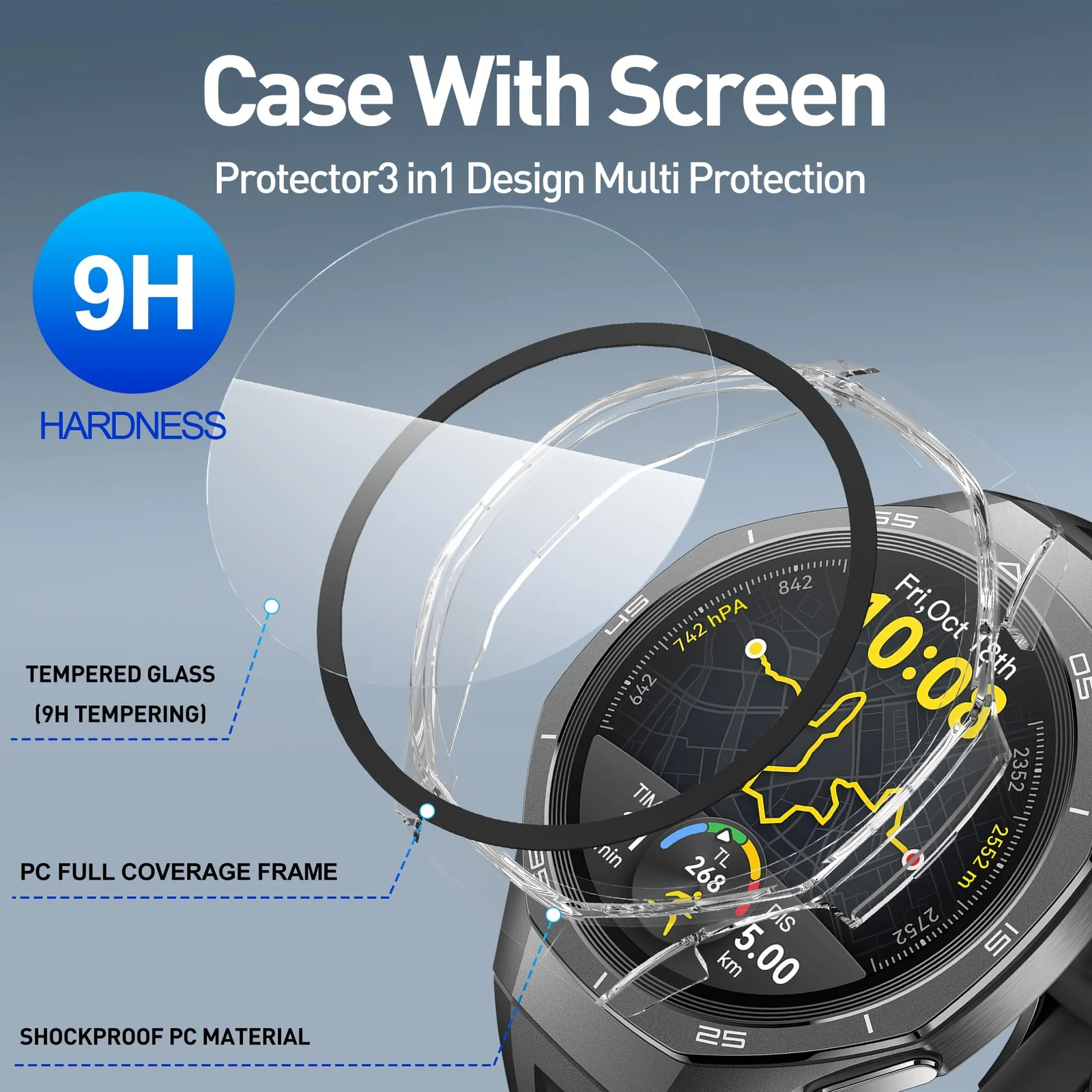 DL3 Mobilak Case with Screen Protector for Huawei Watch GT5 Pro 46mm, Bumper Full Coverage Hard PC Overall Protective Cover, Built-in Tempered Glass Film High Sensitivity - Clear