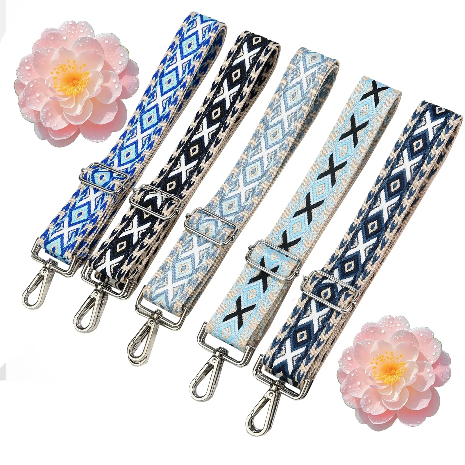 DL3 Mobilak Adjustable Wide Crossbody Bag Strap for Women, Replacement Shoulder Strap for Handbags, Totes & Purses with Elegant Embroidered Pattern and Metal Hooks - Beige/Blue