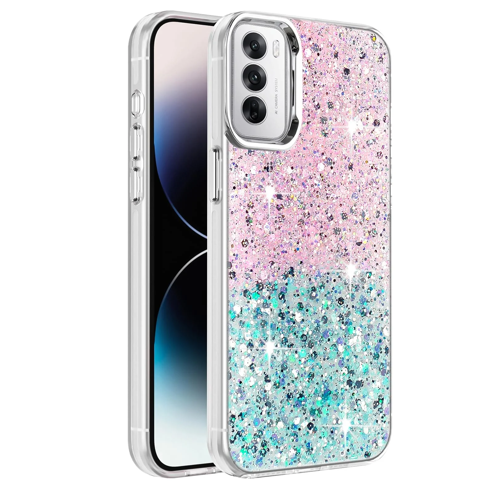 DL3 Mobilak Compatible with OPPO Reno 12 5G Case, Clear Glitter Bling Sparkly, Soft TPU Frame Bumper, Hard-Back Cover for Women & Girls, Transparent Protective Phone Case - Pink Green