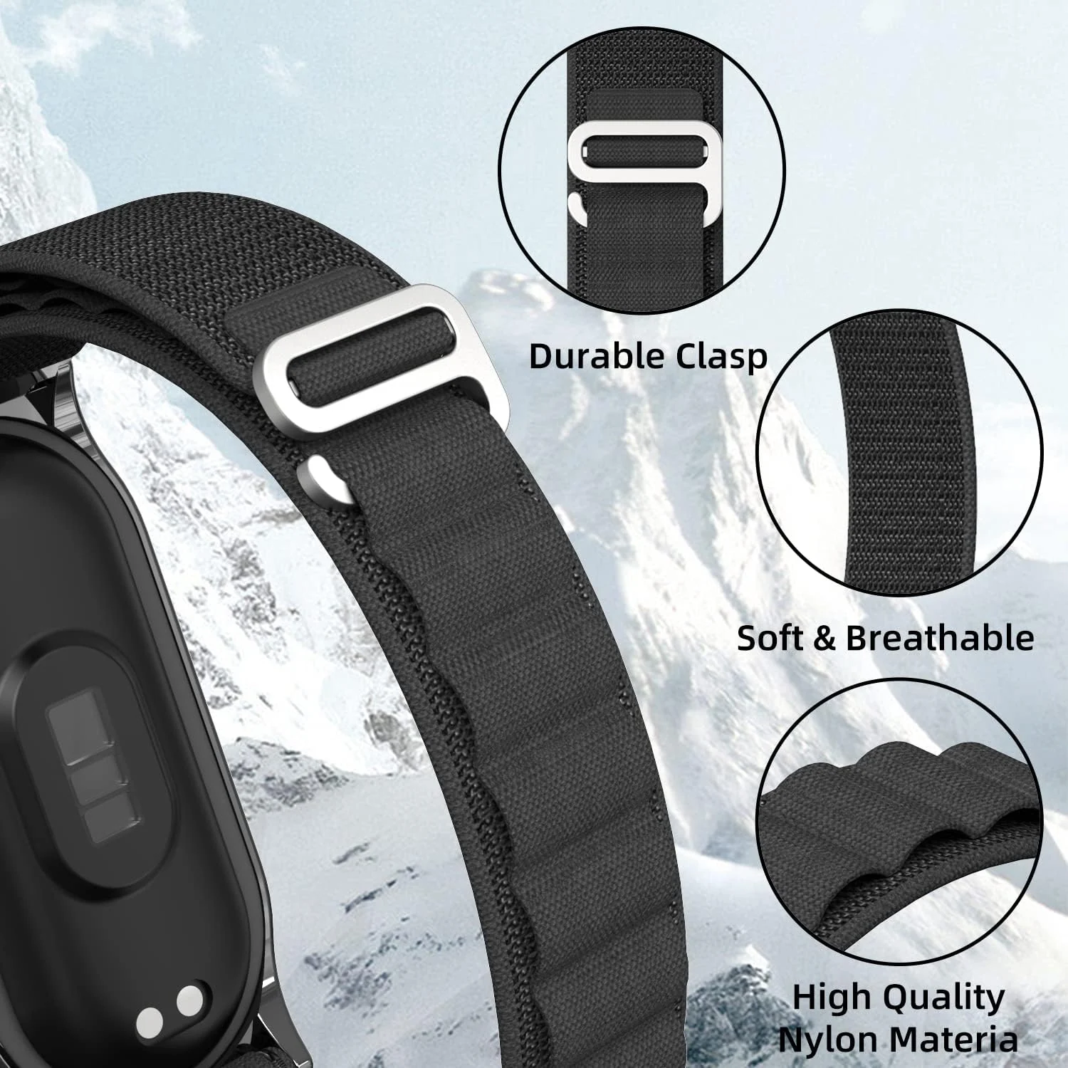 DL3 MOBILAK Alpine Loop Band for Xiaomi Mi Band 7/Mi Band 6/Mi Band 5/Mi Band 4/Mi Band 3,Women Men Nylon Sport Solo Loop Rugged Wristband with G‑Hook - Black