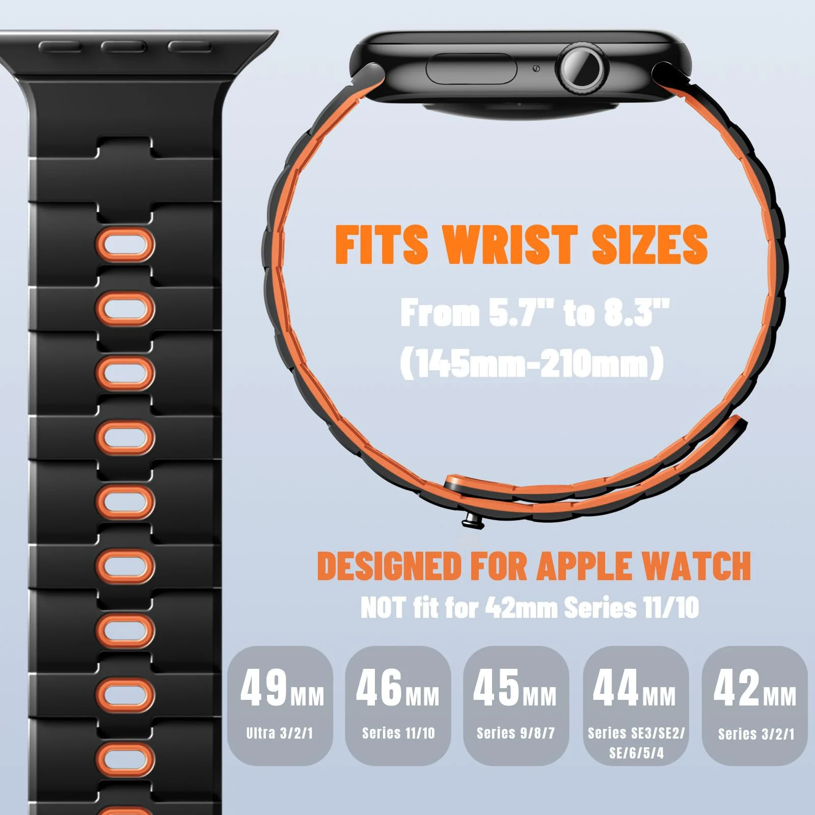 DL3 MOBILAK Adjustable Silicone Sports Watch Strap for 49MM - Black/Orange