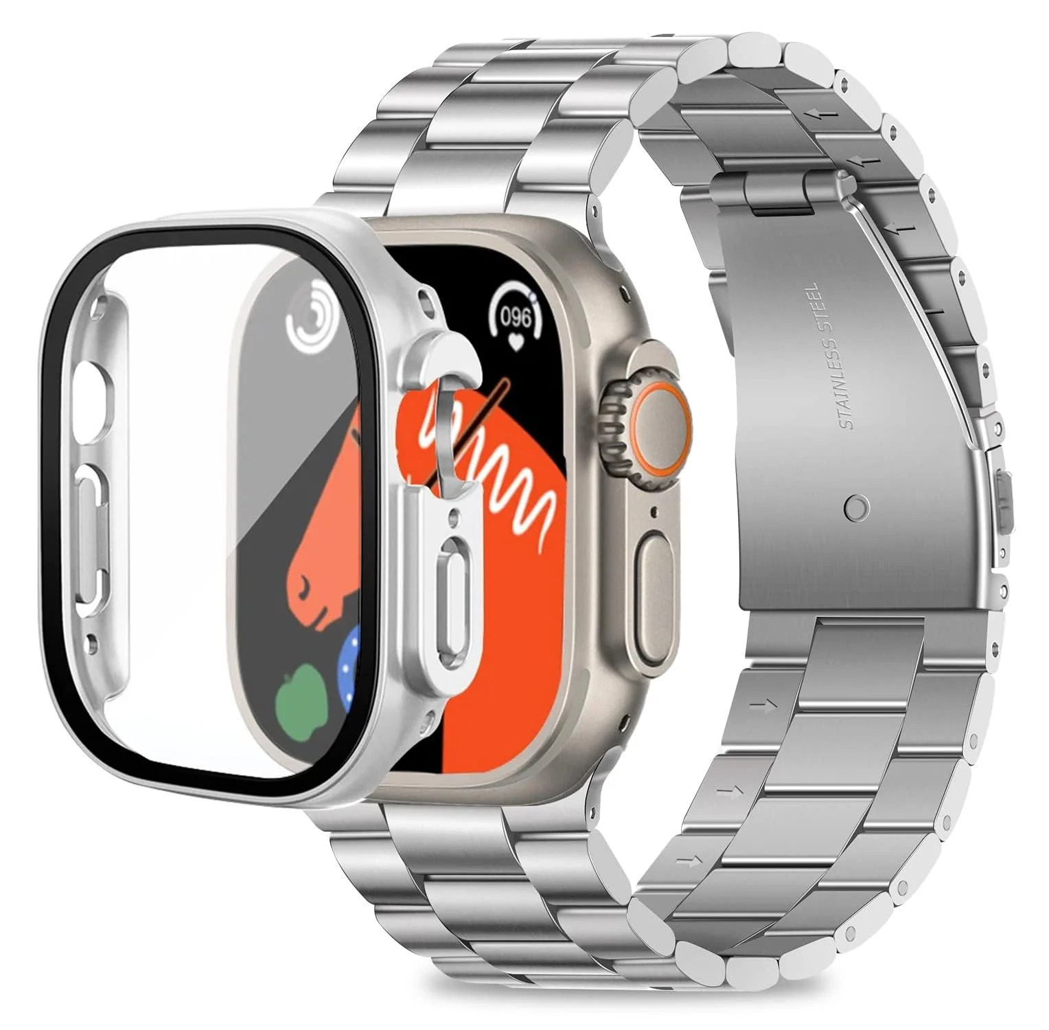 DL3 Mobilak Stainless Steel Band with Case Compatible with Apple Watch Ultra 49mm, Men Woman Business Metal Strap with Protective Bumper Cover for Apple Watch Ultra 2 Ultra 49mm - Silver