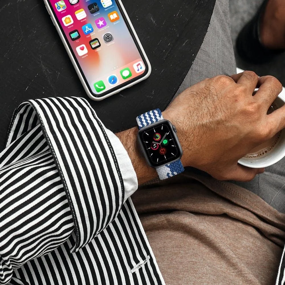 DL3 Mobilak Braided Solo Loop Band For Apple Watch Band 49mm 45mm 44mm 42mm, Replacement Wristband Nylon Strap for iWatch Series SE 9/8/7/6/5/4/3/2/1/Ultra/Ultra 2 (Small) - Blue White