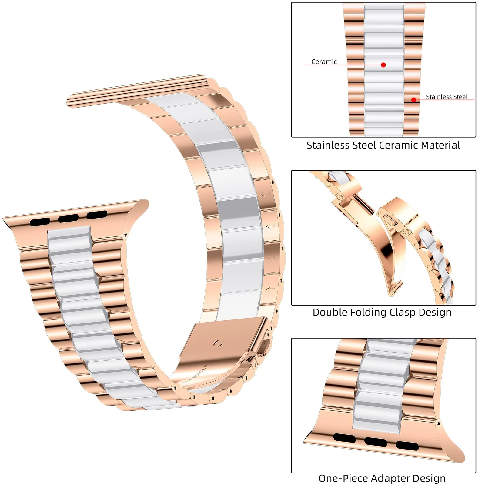 DL3 Mobilak Stainless Steel Band with Case Compatible with Apple Watch Band 45mm Series 9/8/7, Men Woman Business Strap with Protective Bumper Cover for iWatch Series 7/8/9 45mm - Rose Gold White