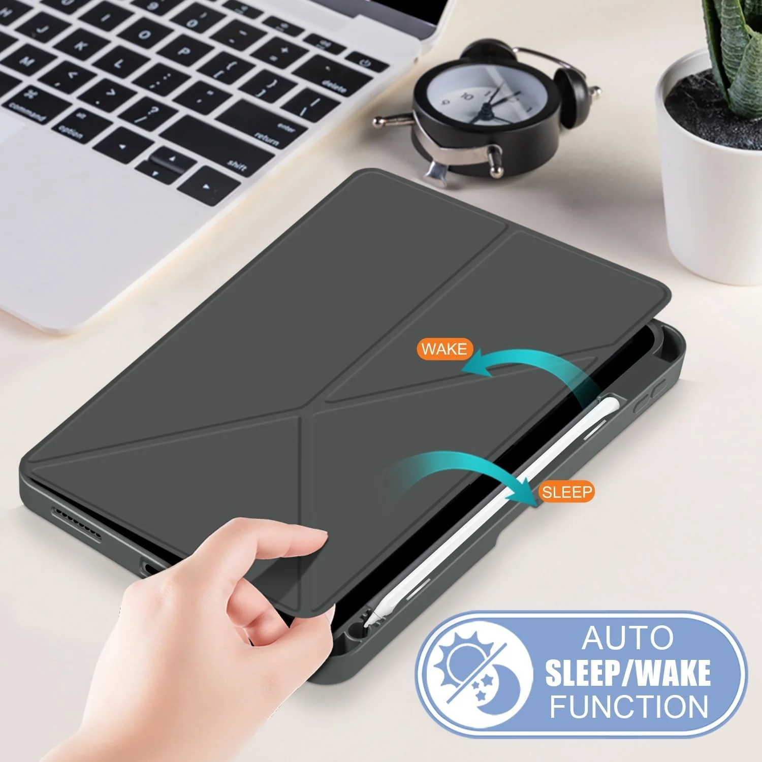 DL3 Mobilak Compatible with iPad Mini 6 case (8.3 inch, 2021), iPad Mini 6th Generation Case, Smart Stand, Pencil Holder, Shockproof Slim Lightweight Leather Cover, Modern Abstract Design - Grey
