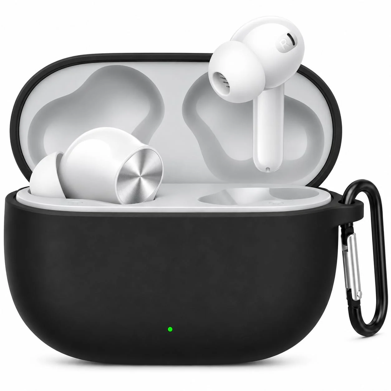 Mobigon Compatible with Realme Buds T200 Lite | T200X Case Cover, Soft Silicone Shockproof Protective Case Wireless Earbuds with Carabiner, Front LED Visible، Black