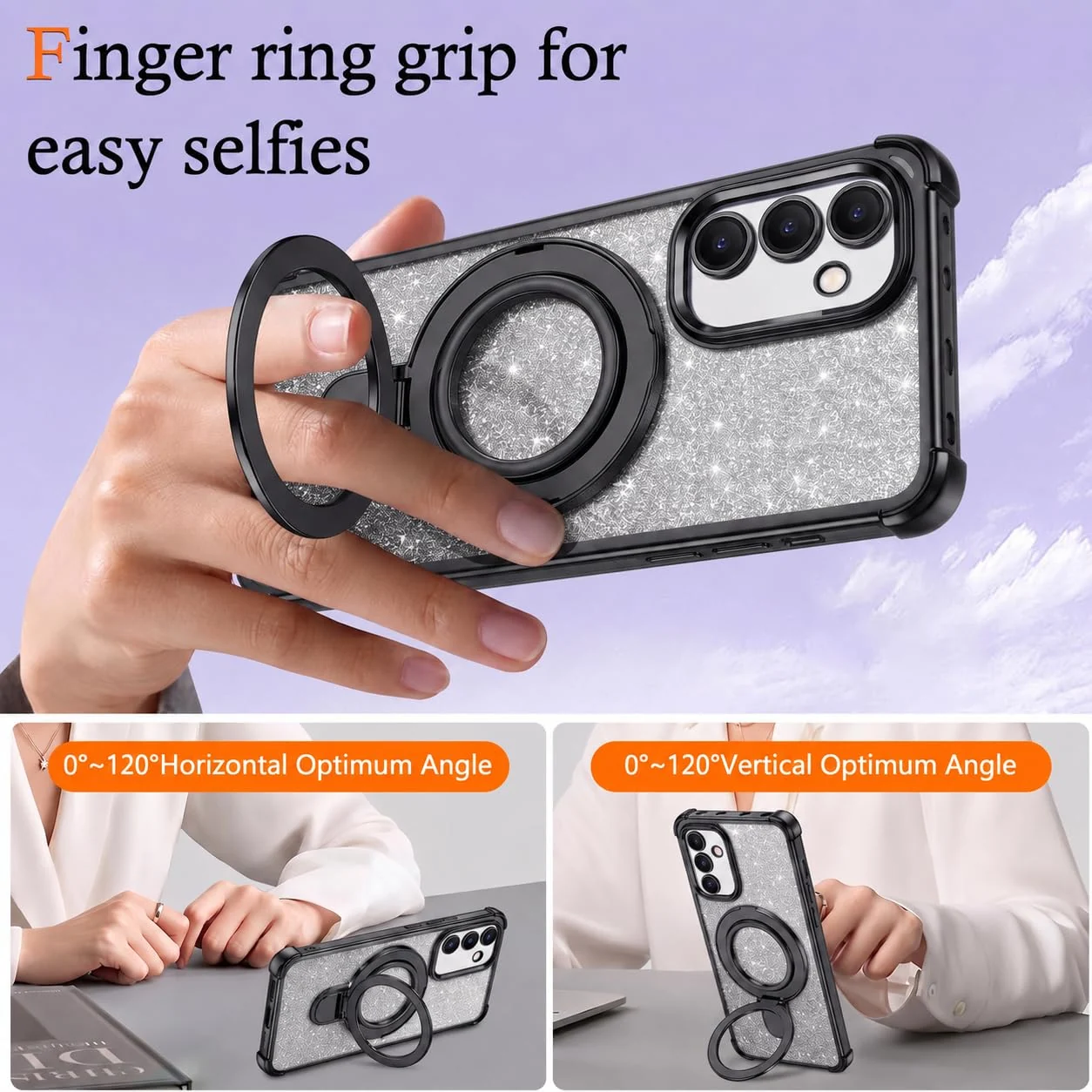 MOBIGON Glitter Phone Case with Magnetic Ring Stand for Samsung Galaxy A17, Black