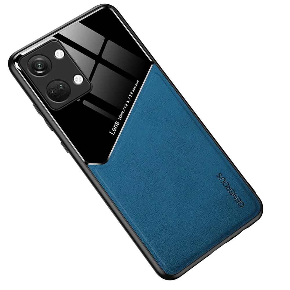 DL3 Mobilak Luxury Case For OnePlus Nord 3, Ultra-Thin Soft TPU Frame, Back Leather Mixed Double+Plexiglass Protective Cover With Built-in Car Magnetic - Blue