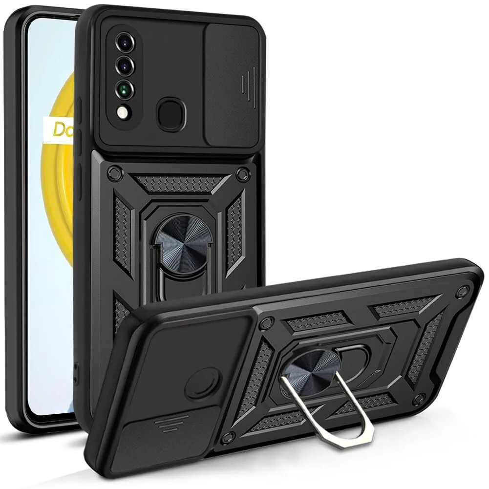 DL3 Mobilak Case for Huawei Y9 Prime 2019/Honor 9X/P Smart Z with Slide Camera Cover, Military Grade Shockproof Protective Cover with Rotatable Metal Ring Kickstand [Support Magnetic Car Mount] - Black
