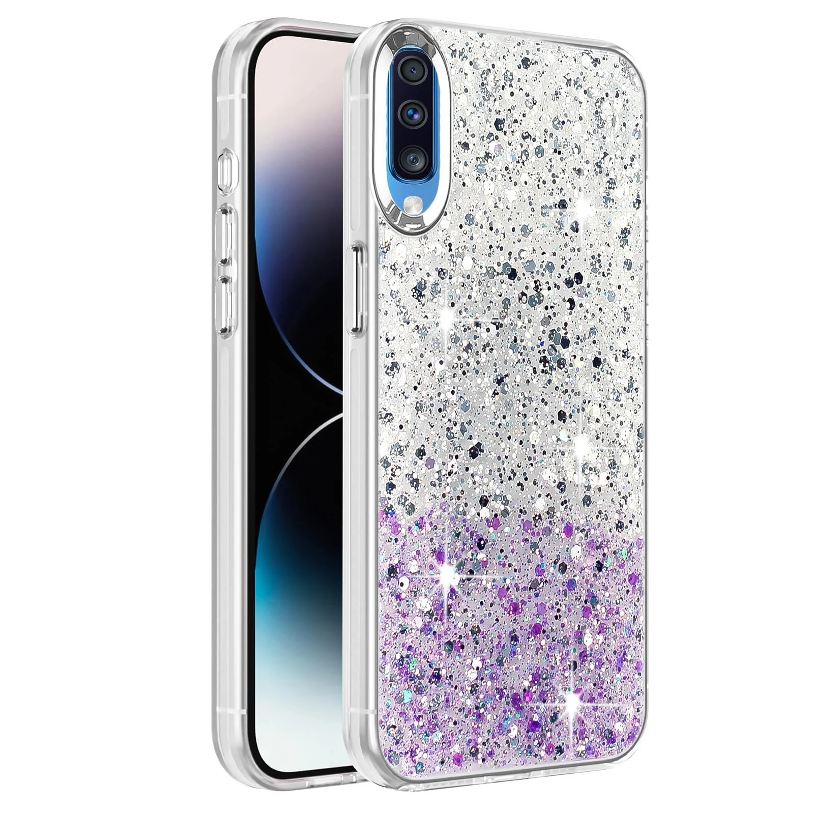 DL3 Mobilak Glitter Protective Case for Samsung Galaxy A70 / A70s, Supports wireless charging, Camera protection, Shock-absorbing protection - White Purple