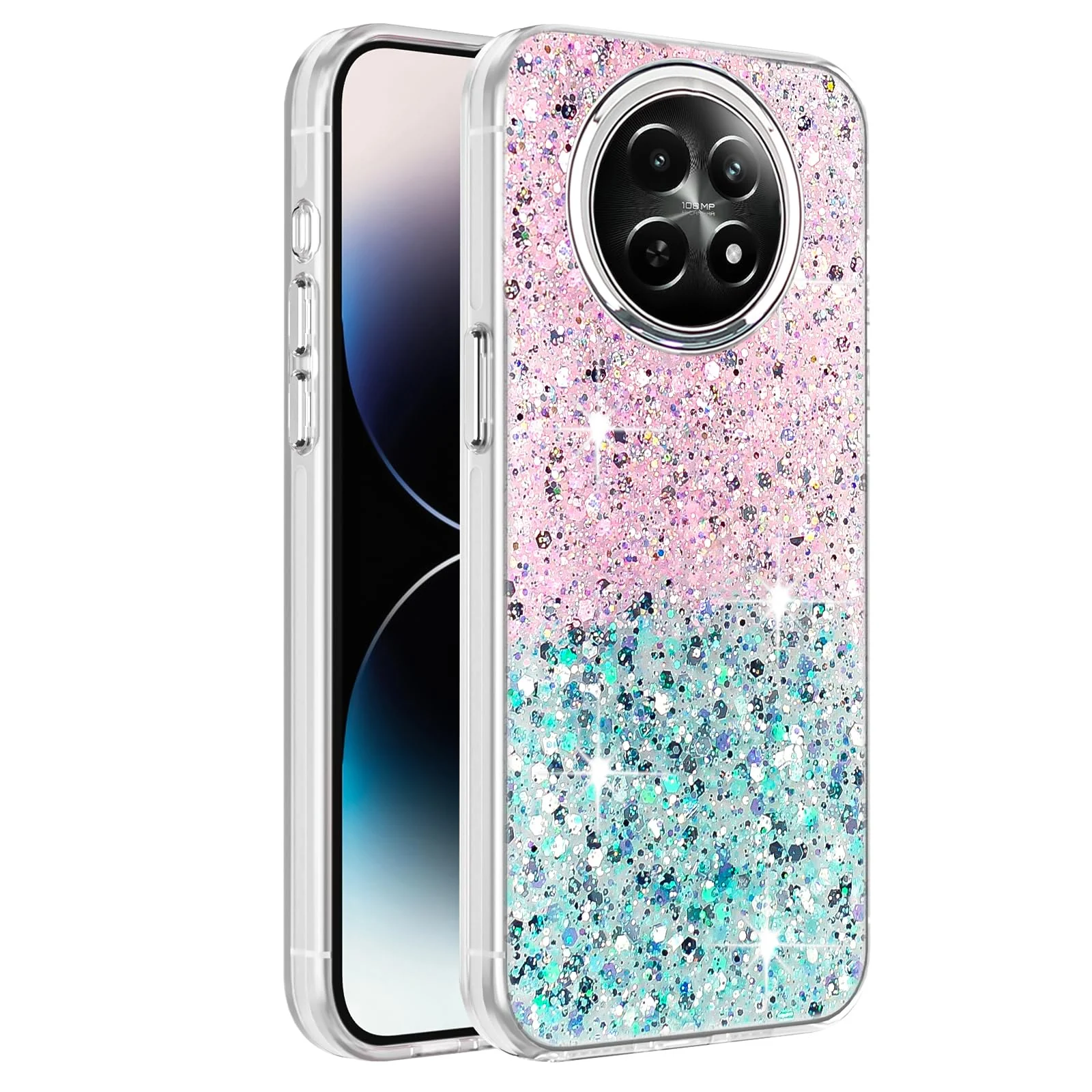 DL3 Mobilak Glitter Protective Case for realme 13 5G / realme 12 5G / realme 12x 5G, Supports wireless charging, Camera protection, Shock-absorbing protection - Pink Green