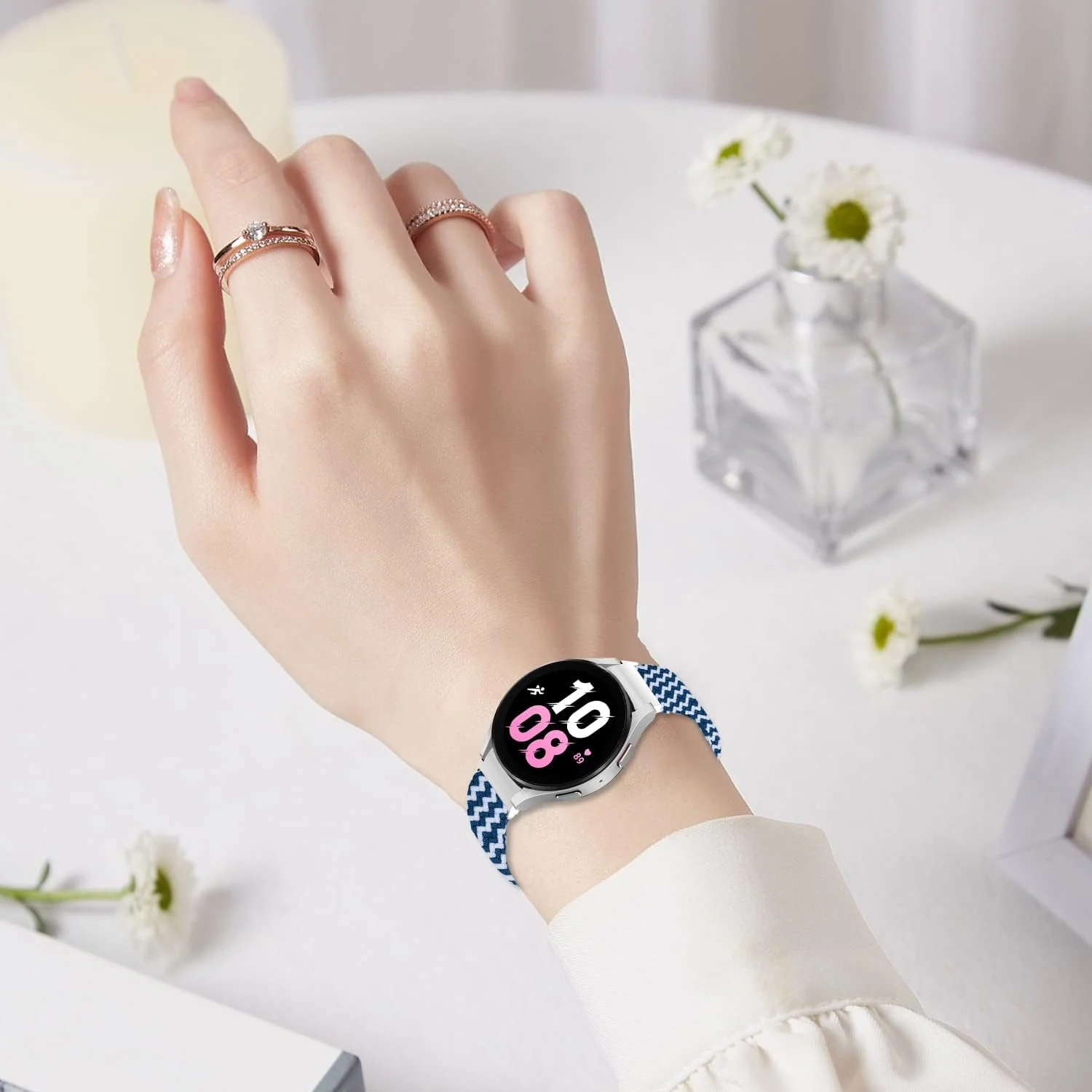 DL3 Mobilak Band 20MM Nylon Braided Solo Loop Strap For Samsung Gear Sport/Watch 6/5/4 40mm 44mm/Watch 6 Classic 43mm 47mm/ 5 Pro 45mm/active 2 40mm 44mm (White Blue, Small), unisex-adult - Black