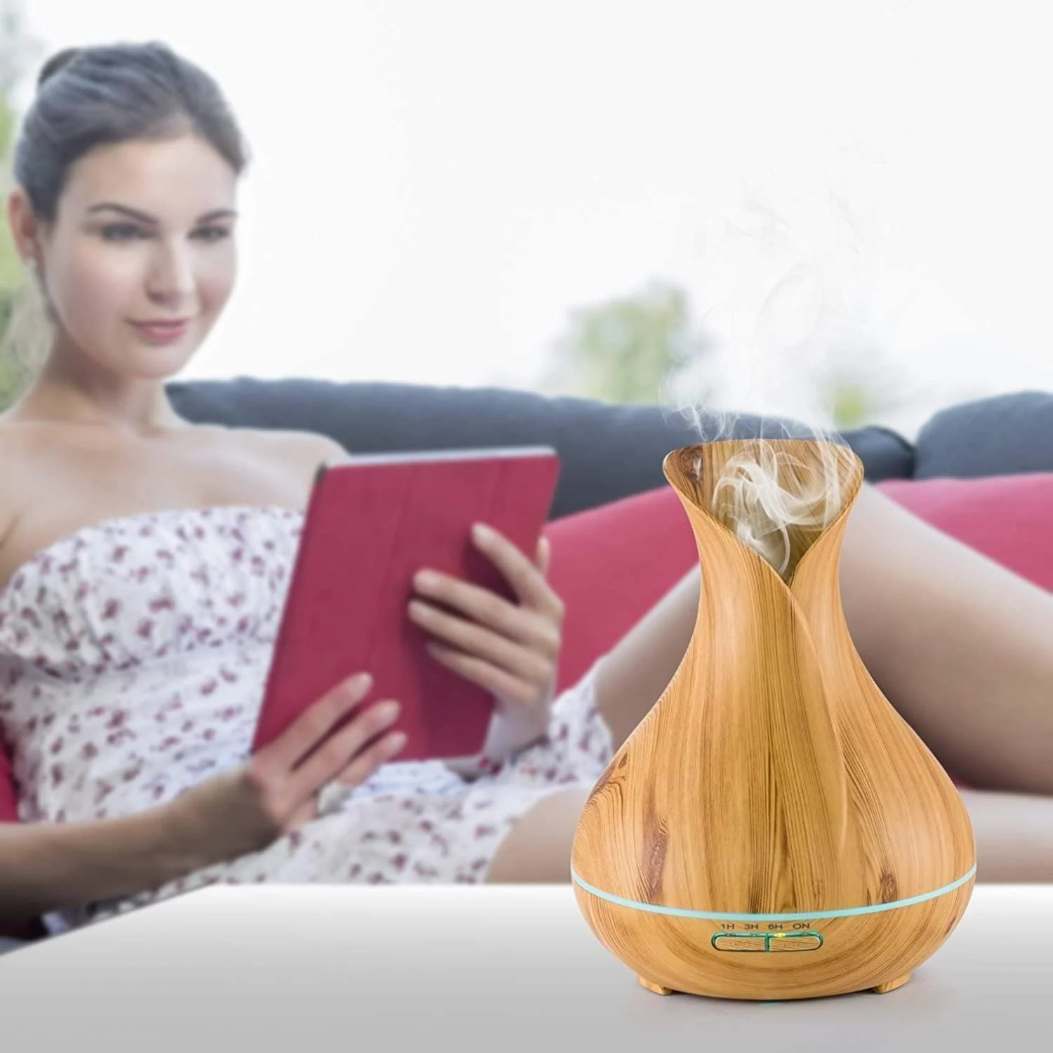 Mobigon Essential Oil Diffuser, Aromatherapy Diffuser 500ml with Remote Control, 4 Timer & Auto-Off Safety Switch, 7 Color LED Lights Mode, 10 Hours Quiet Humidifier for Bedroom - Light Woody
