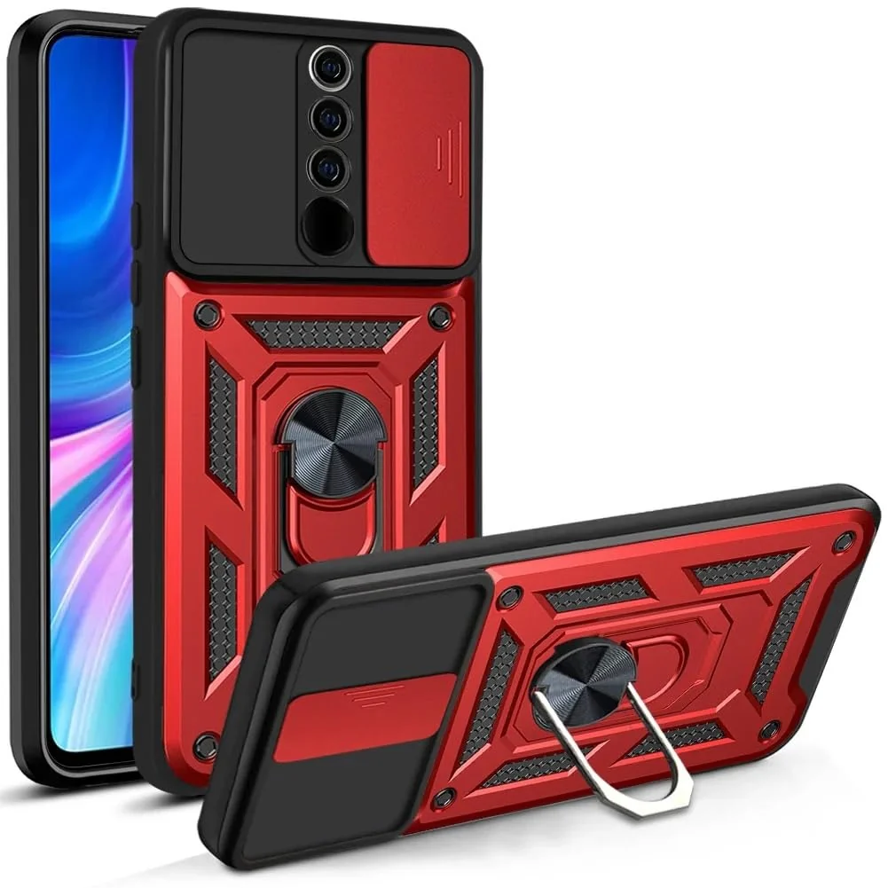 DL3 Mobilak Military-Grade Protective Case with Sliding Camera Cover, Metal Ring Kickstand and Magnetic Car-Mount Support for Xiaomi Redmi Note 8 Pro - Red