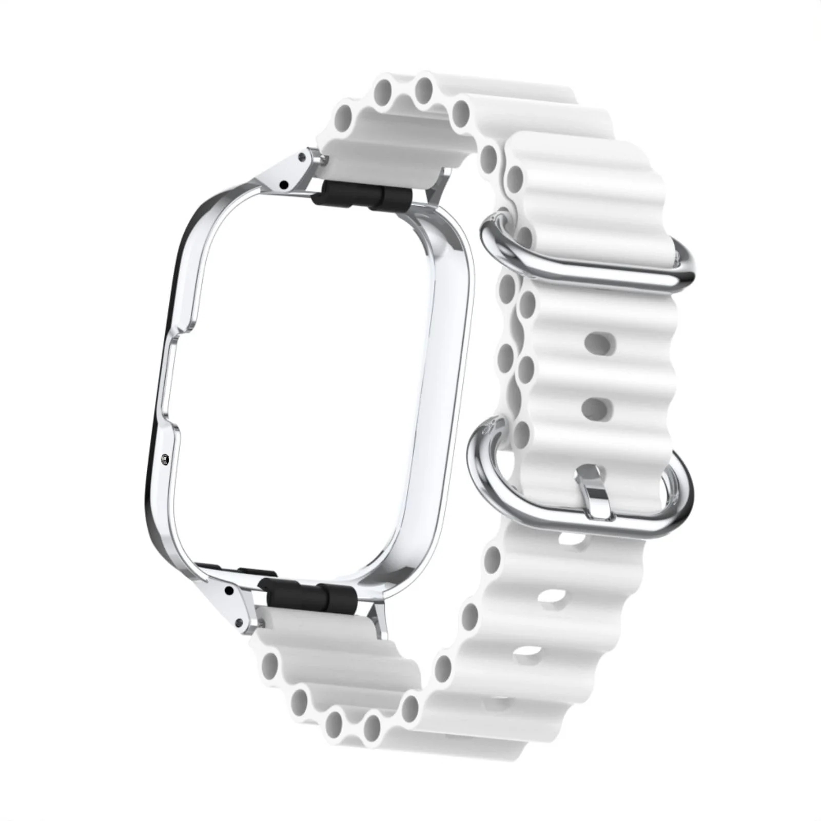 DL3 Mobilak Ocean Strap Compatible with Xiaomi Redmi Watch 3 Lite/Redmi Watch 3 Active, Adjustable Silicone Strap with Metal Buckle, Band With Frame Metal Women Men Replacement Strap - White