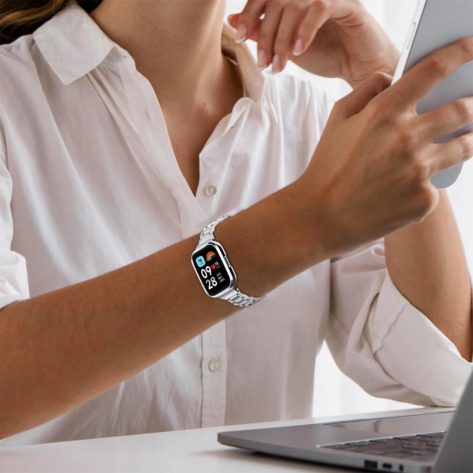 DL3 Mobilak Bracelet Compatible with Xiaomi Redmi Watch 3 Lite/Redmi Watch 3 Active, Stainless Steel Metal Replacement Watch Band With Frame Metal Women Men Replacement Strap - Silver