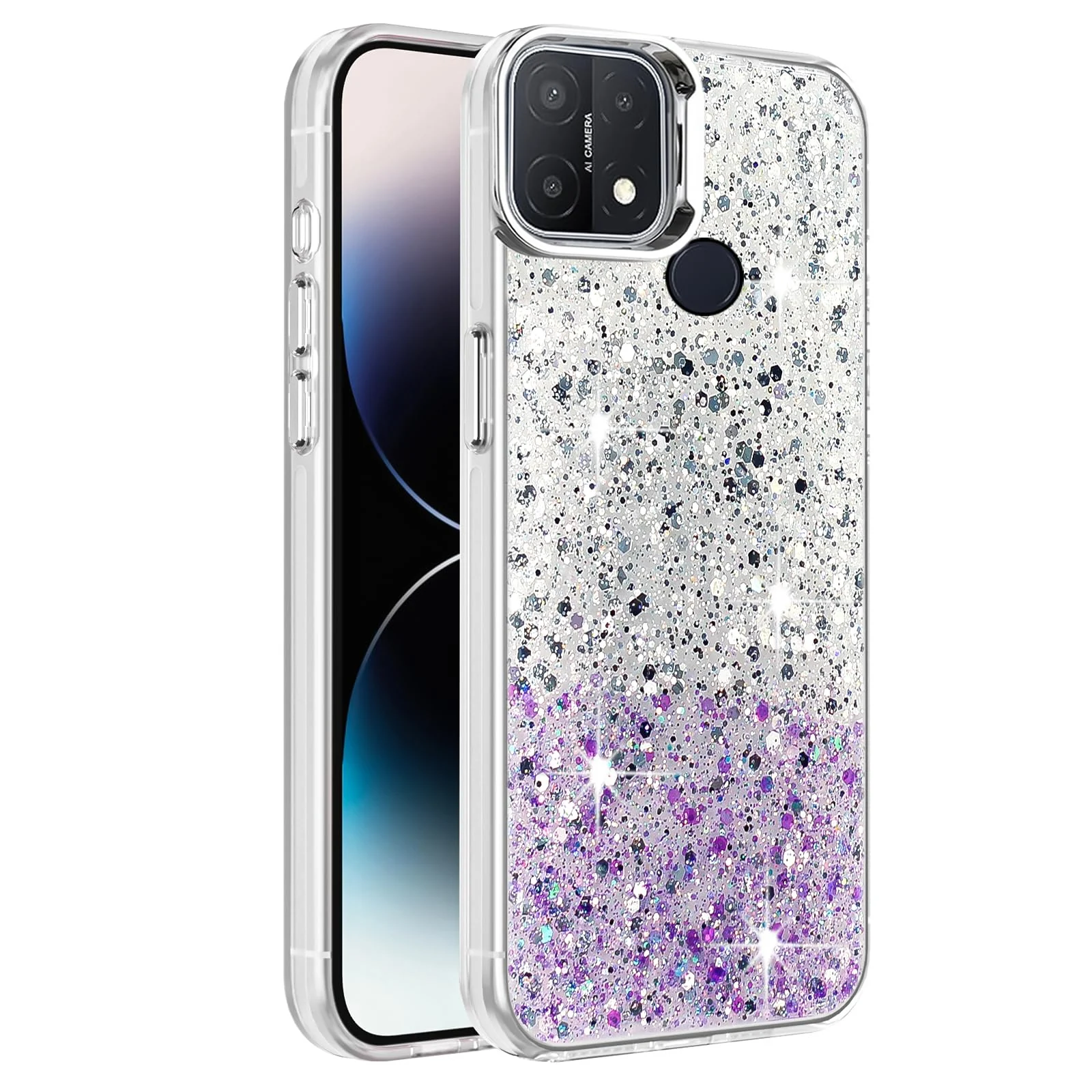 DL3 Mobilak Compatible with OPPO A15 / OPPO A15S Case, Clear Glitter Bling Sparkly, Soft TPU Frame Bumper, Hard-Back Cover for Women & Girls, Transparent Protective Phone Case - White Purple