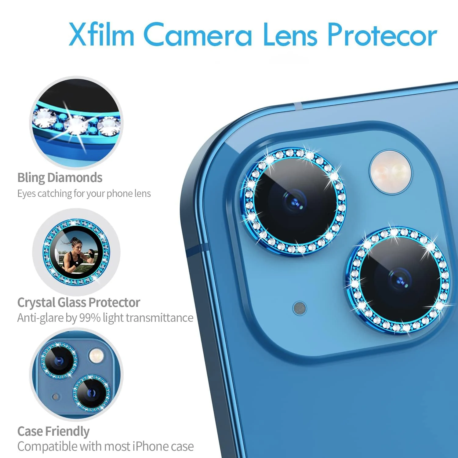 DL3 Mobilak Compatible with iPhone 15/15 Plus & iPhone 14/14 Plus Camera Lens Protector, Anti-Scratch HD Tempered Glass Lens Screen Protection Cover, Metal Individual Lens Ring - Diamond Blue