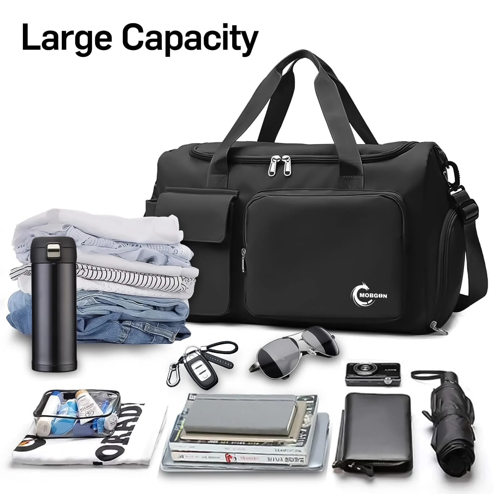 Mobigon Luxury Waterproof Leather Weekender Duffel with Dedicated Shoe & Wet Compartments, Large Capacity Travel and Gym Bag for Men & Women, Adjustable Shoulder Carry Design - Black