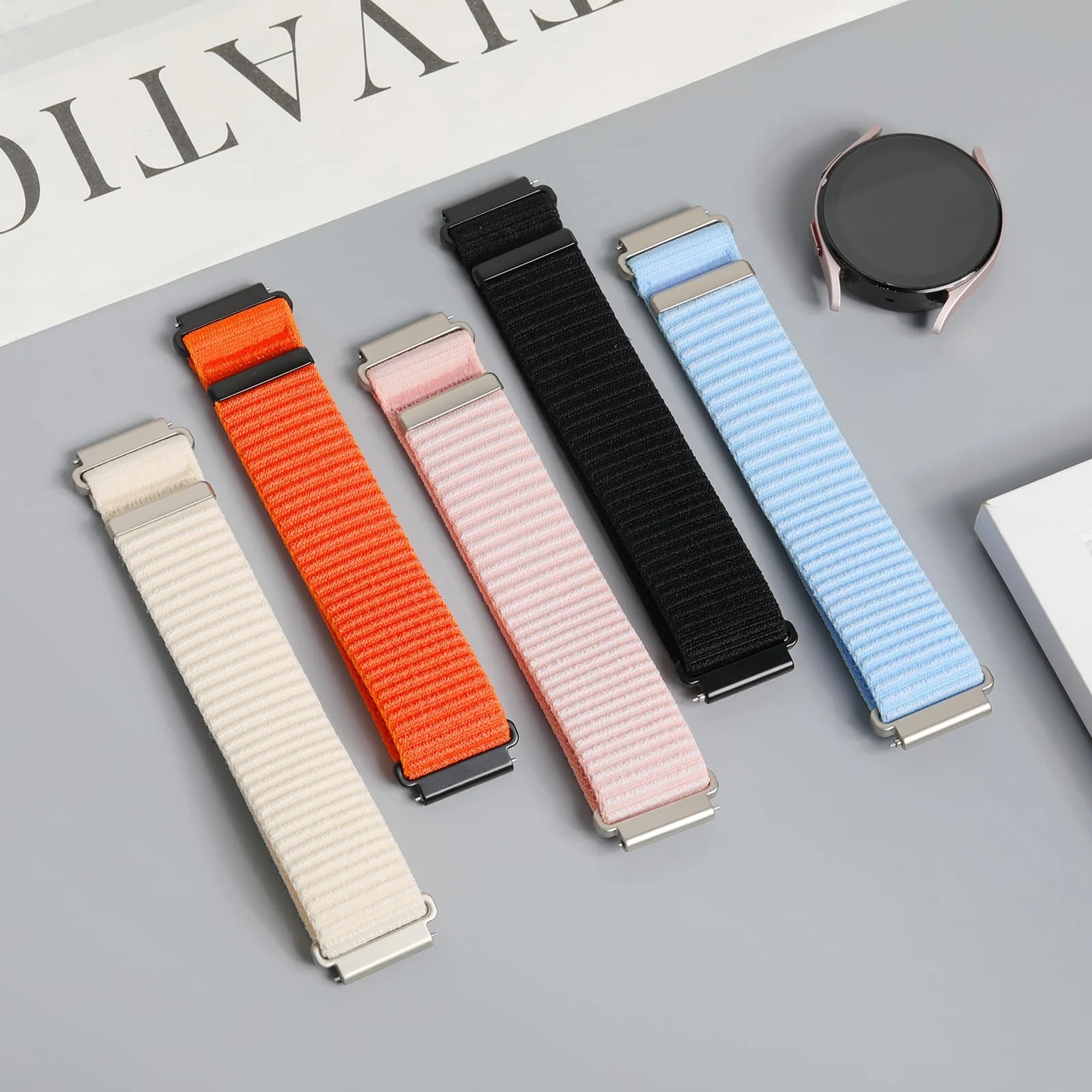 DL3 Mobilak Nylon Loop Sport Band For 20mm For Samsung Galaxy Watch 7/6/5/4 40mm 44mm/5 Pro 45mm/S2 classic/active 2 40mm 44mm/Amazfi GTS 2/2e/3/3 Pro/GTS4/GTS 2 Mini/4 Mini/Bip 3, Stretchy Strap Elastic Fabric - Black