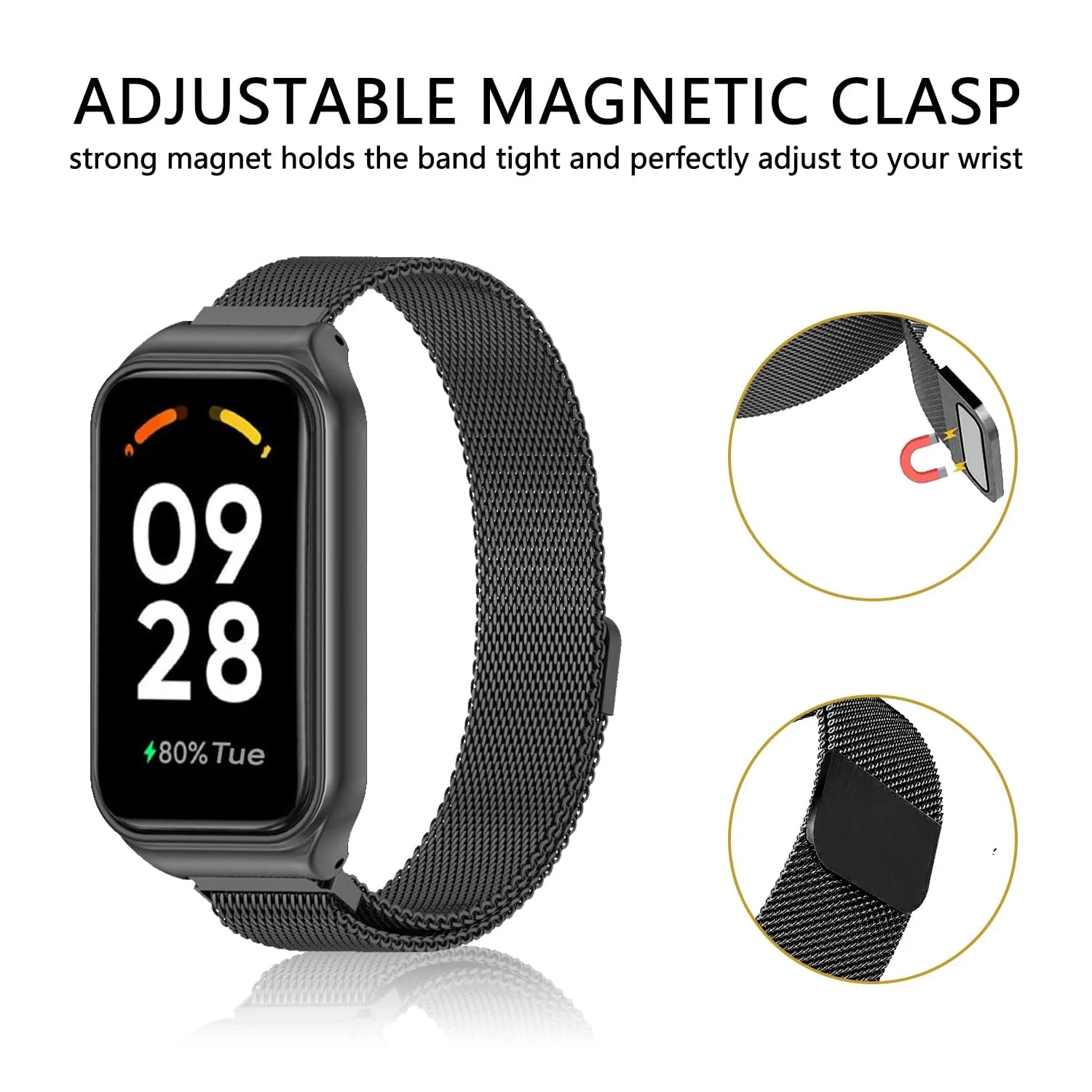 DL3 Mobilak Bracelet Compatible with Xiaomi Redmi Band 2/Smart Band 8 Active, Stainless Metal Magnetic Replacement Strap - Black