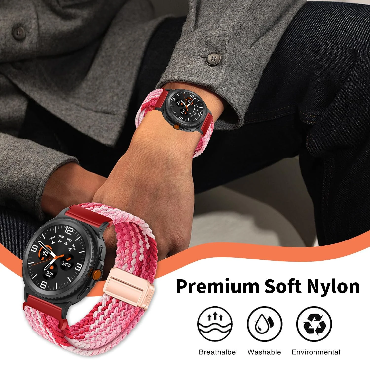 DL3 Mobilak 22mm Magnetic Band for Redmi Watch 5 Active/5 Lite/Samsung Galaxy Watch 3 45mm/Watch 46mm/Gear S3/Huawei watch GT6 GT5 46MM/GT2E/GT6 Pro/GT 5 Pro/Amazfit GTR 4/3, Stretchy Braided Nylon Sport Strap - Strawberry Red