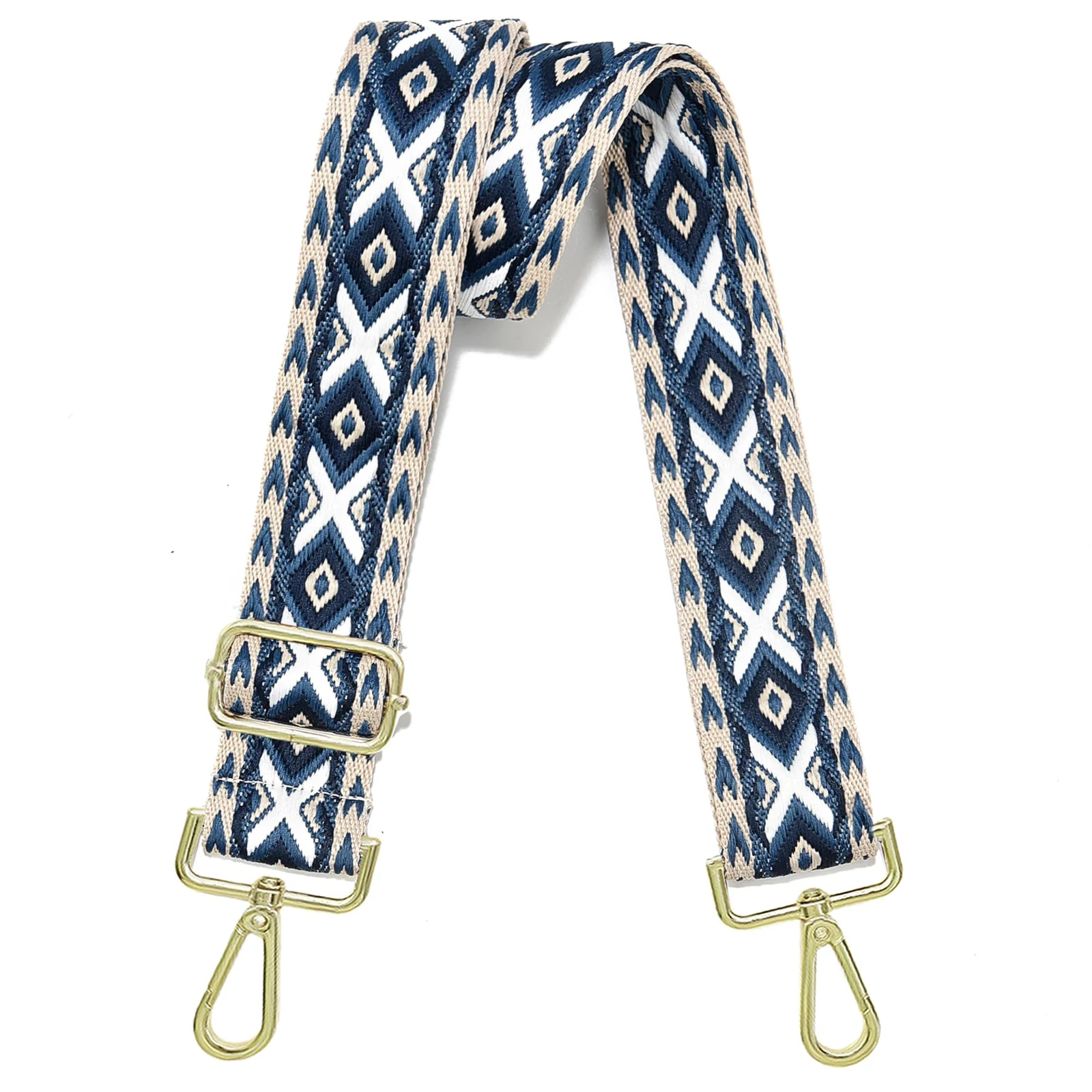 DL3 Mobilak Adjustable Wide Crossbody Bag Strap for Women, Replacement Shoulder Strap for Handbags, Totes & Purses with Elegant Embroidered Pattern and Metal Hooks - Beige/Blue