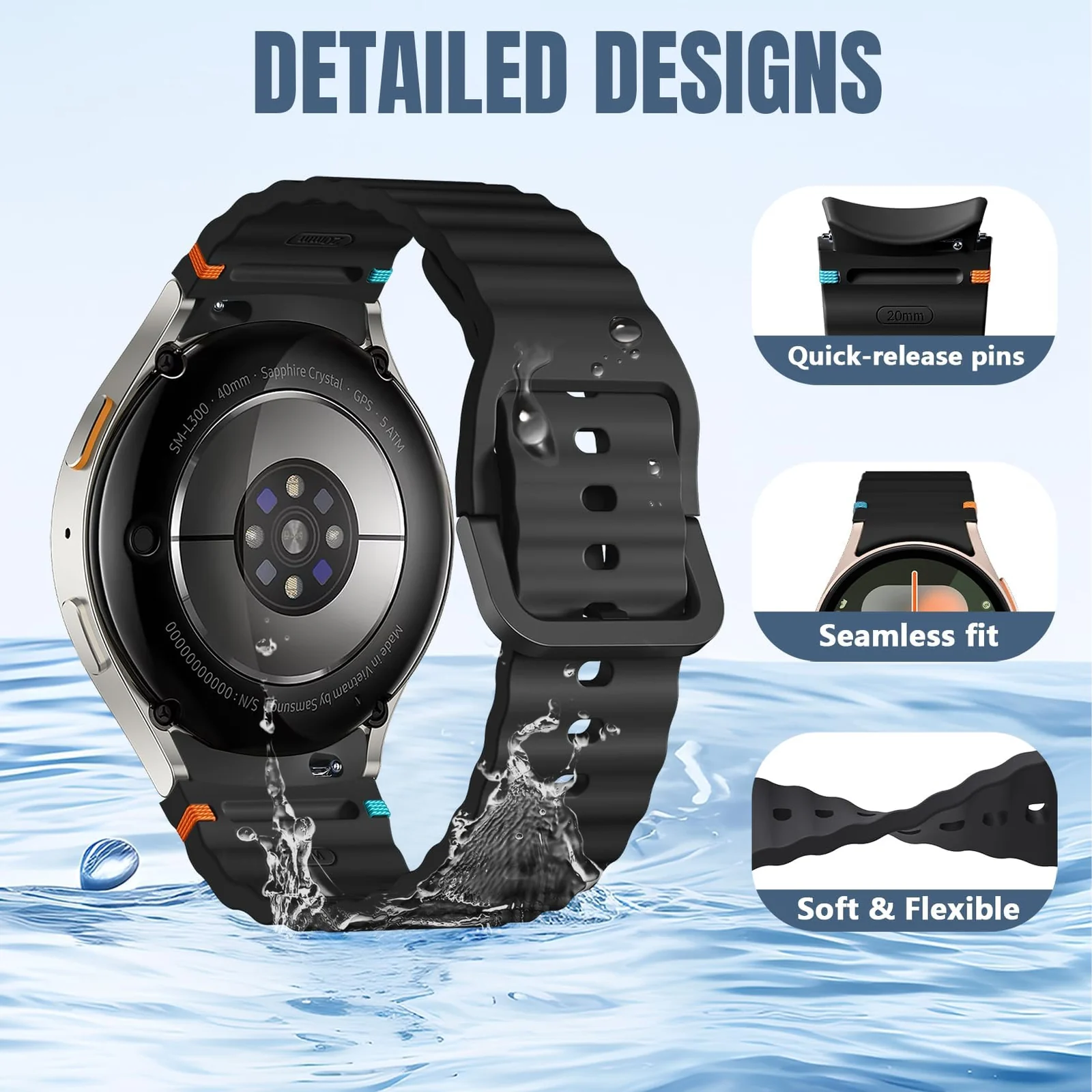 DL3 Mobilak No Gap Sport Bands For Samsung Galaxy Watch 7 6 5 4 FE Strap 40mm 44mm, Soft Silicone Sport Band for Galaxy Watch 6 Classic Straps 47mm 43mm/Galaxy Watch 5 Pro/Watch 4 Classic 42mm 46mm for Men Women - Black