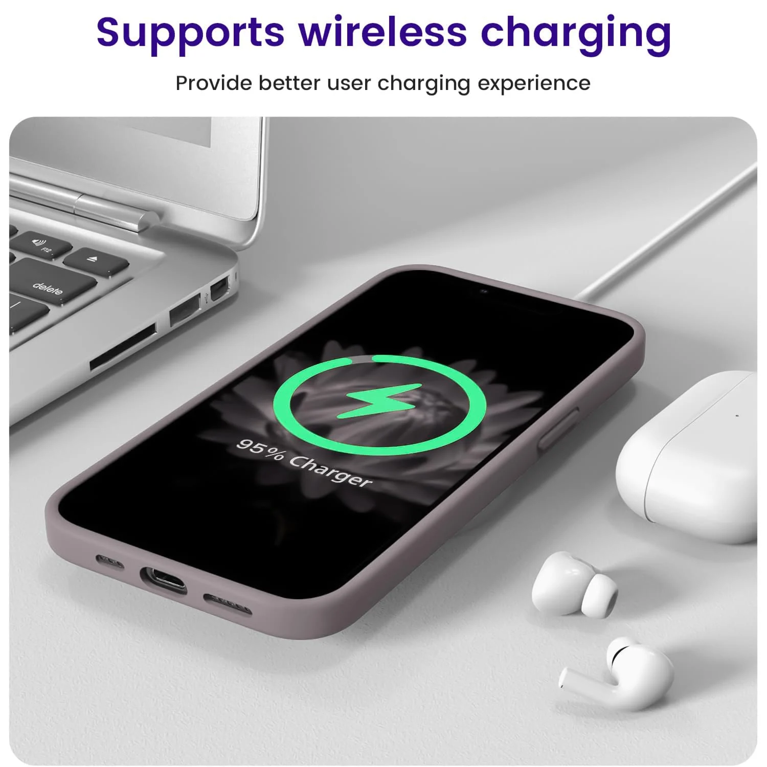 DL3 Mobilak Liquid Silicone Case for iPhone 15, Supports wireless charging, Shock-absorbing protection, Anti-fingerprint finish - Lavender Pink