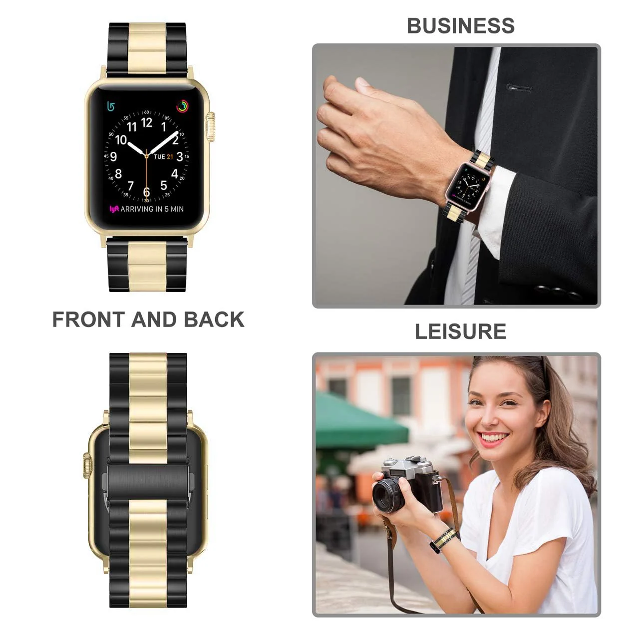 DL3 Mobilak Stainless Steel Band with Case Compatible with Apple Watch Band 45mm Series 9/8/7, Men Woman Business Strap with Protective Bumper Cover for iWatch Series 7/8/9 45mm - Black Gold