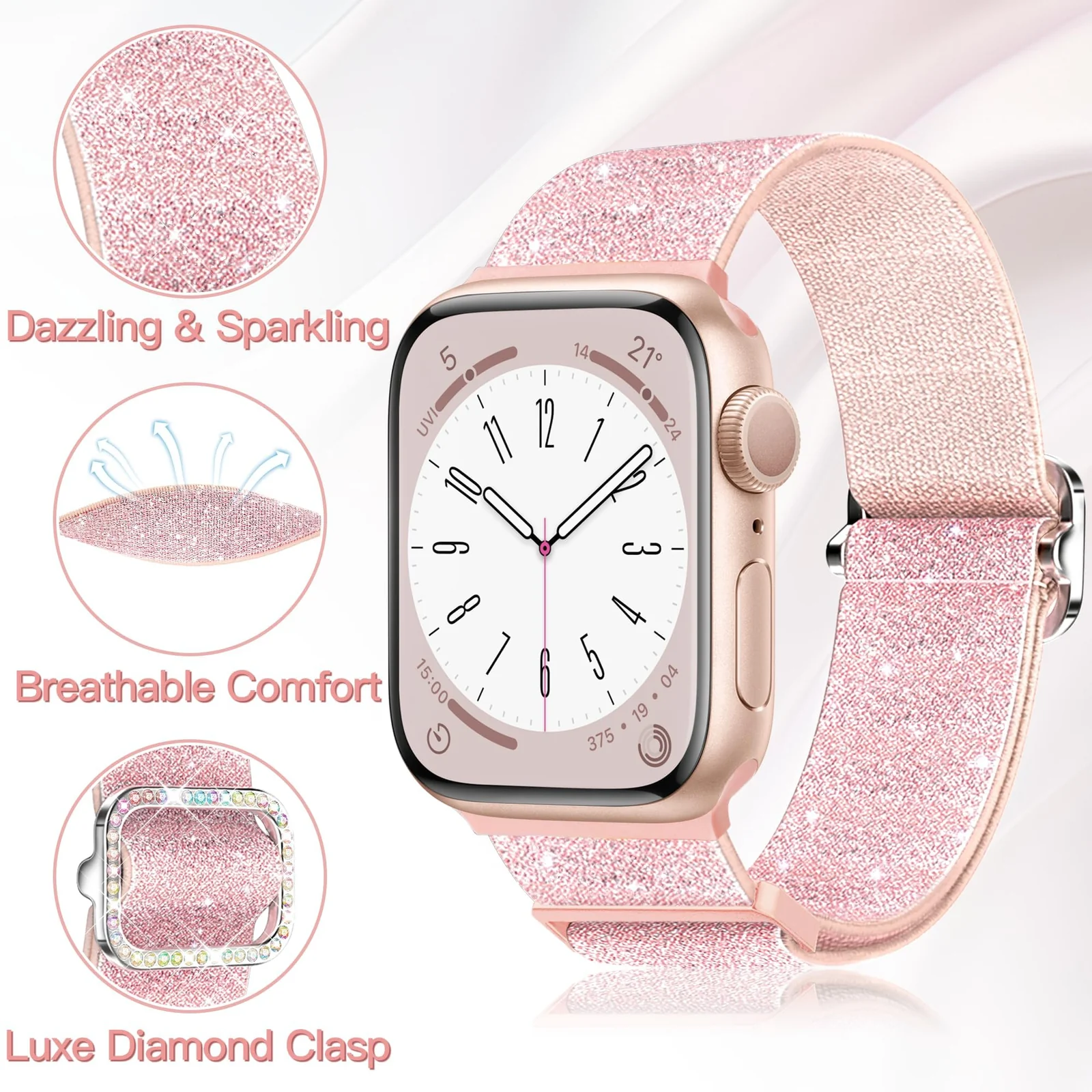 DL3 Mobilak Stretchy Bling Band For Apple Watch 49mm 46mm 45mm 44mm 42mm Women, Nylon Sparkly Strap Solo Loop Glitter Wristband for iWatch Series 11 10 9 8 7 6 5 4 SE3 SE2 SE Ultra 3 2 1 - Pink