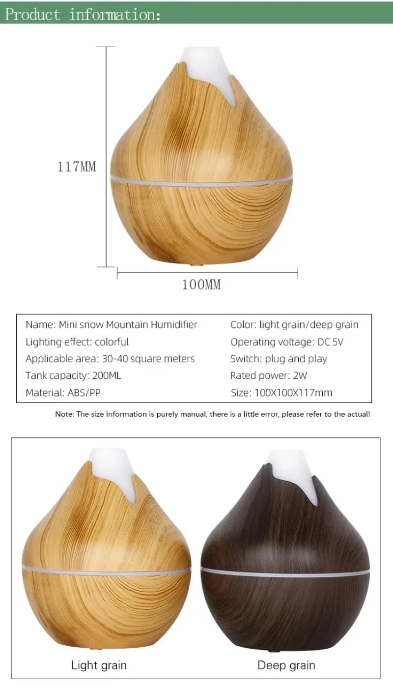 Mobigon Wood Cool Mist Ultrasonic Humidifier for Room Moisture, Aroma Diffuser for Home, 200ml Essential Oil Diffuser with 7 Colorful Night Light, Auto Shut-Off, Home, Office, car - Dark Brown