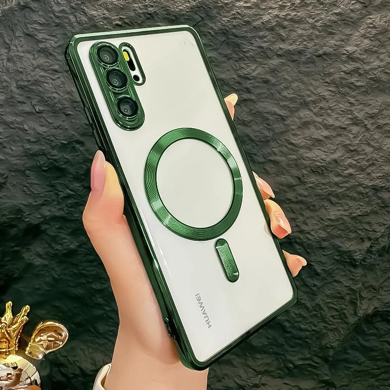 DL3 Mobilak Huawei P30 Pro Case, [Full Camera Cover Protection] [Compatible with MagSafe] Magnetic Metallic Glossy Slim Clear Luxury Soft Shockproof Case - Green