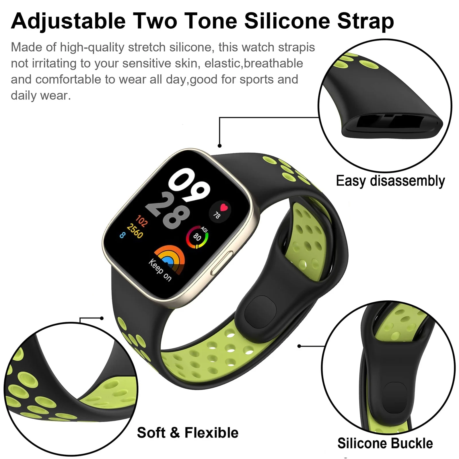 DL3 Mobilak Strap For Xiaomi Redmi Watch 3 (Not for Redmi Watch 3 Lite/Active), [Breathable] Soft Silicone Strap, Two Tone Band, Silicone Replacement Strap - Black