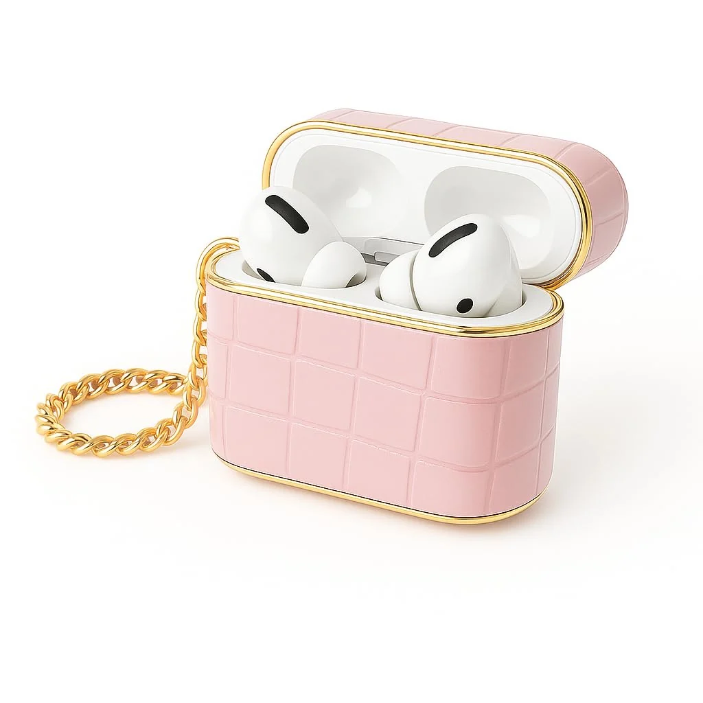 DL3 Mobilak Luxury Compatible with AirPods Pro 1/2 Case with Gold Chain, Crocodile Pattern PU Leather Protective Cover Compatible with AirPods Pro 2nd/1st, Shockproof - Pink