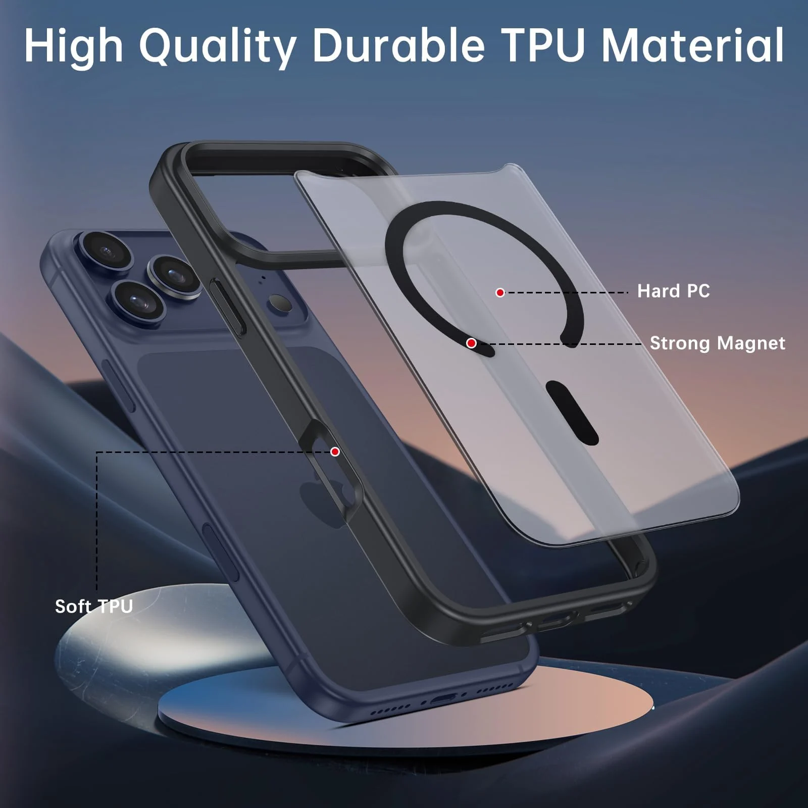 DL3 Mobilak Translucent Matte Case for iPhone 17 Pro Max, Compatible with MagSafe accessories, Supports wireless charging, Built-in magnetic car-mount support - Black