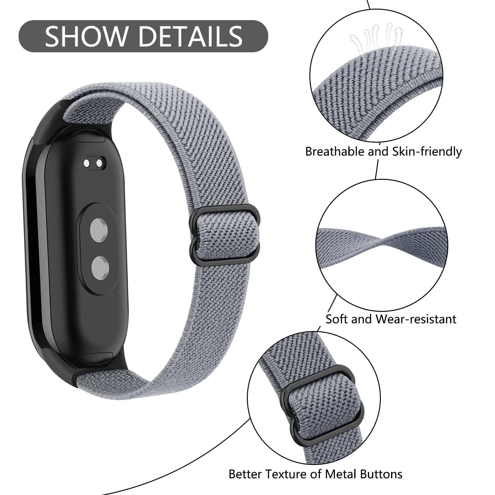 DL3 Mobilak Strap for Xiaomi Mi Band 10 / Xiaomi Mi Band 9 / Xiaomi Mi Band 8, Elastic Nylon Straps, Adjustable Breathable Replacement Bracelet for Xiaomi Smart Band 8/9/10 for Women Men - Gray