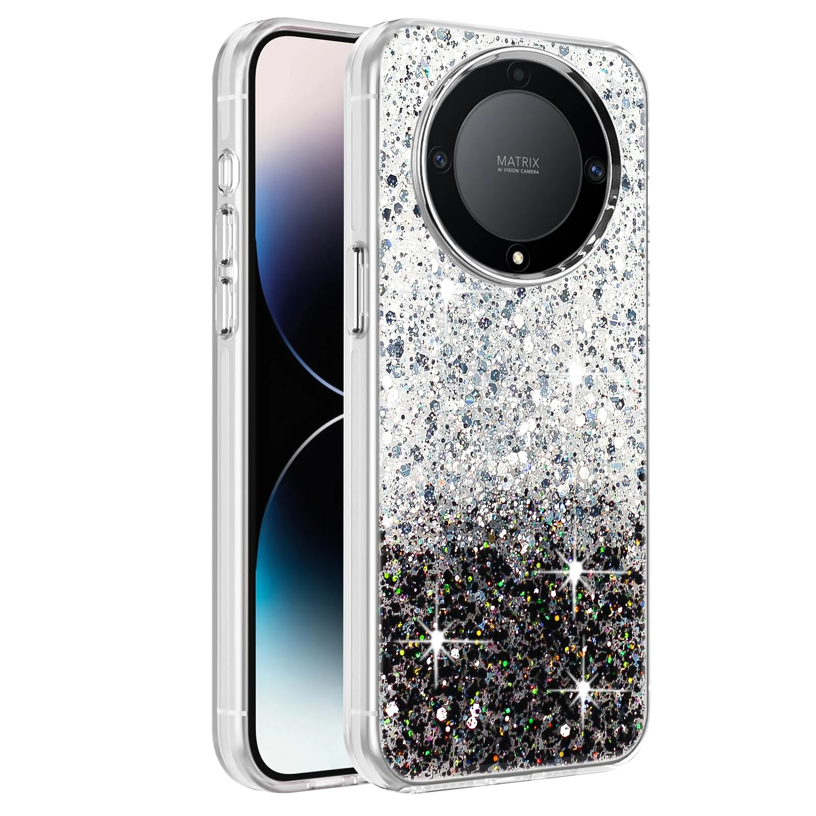 DL3 Mobilak Glitter Protective Case for Honor X9a, Supports wireless charging, Camera protection, Shock-absorbing protection - White Black