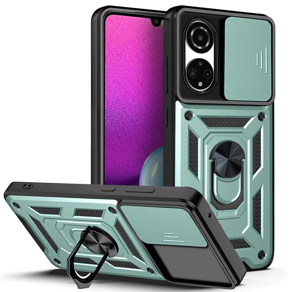 DL3 Mobilak Military-Grade Protective Case with Sliding Camera Cover, Metal Ring Kickstand and Magnetic Car-Mount Support for Honor X7 - Green