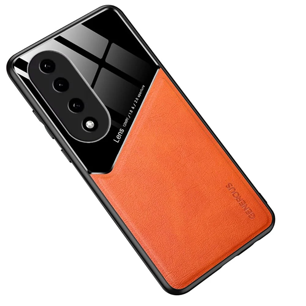 DL3 Mobilak Faux Leather and Plexiglass TPU Case for Honor 90 with Magnetic Car-Mount Support and Shockproof Design - Orange