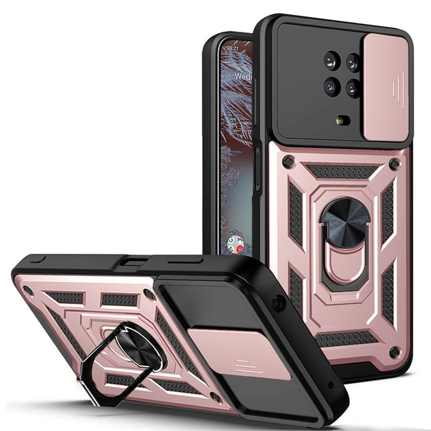 DL3 Mobilak Military-Grade Protective Case with Sliding Camera Cover, Metal Ring Kickstand and Magnetic Car-Mount Support for Nokia G20 / Nokia G10 - Rose Gold