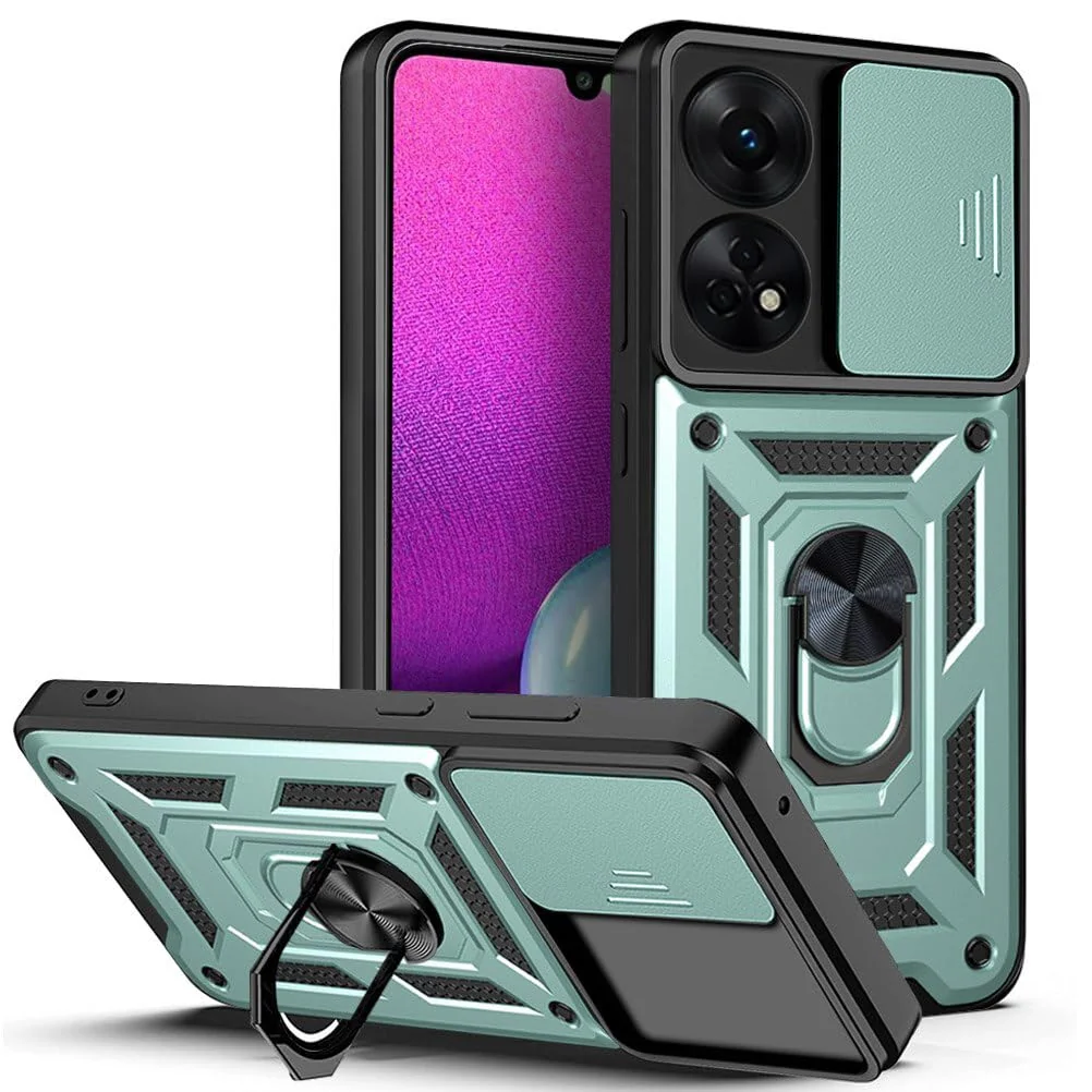 DL3 Mobilak Military-Grade Protective Case with Sliding Camera Cover, Metal Ring Kickstand and Magnetic Car-Mount Support for OPPO Reno 8T 4G (Reno8T) - Green