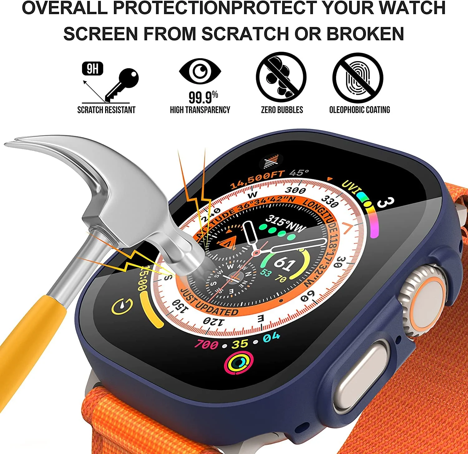 DL3 Mobilak Hard Case Designed for Apple Watch Ultra 2 (2023) / Ultra 1 49mm, Built-in 9H [HD Clear] Tempered Glass Screen Protector, [Full Protection] Slim Cover for iWatch 49mm - Blue