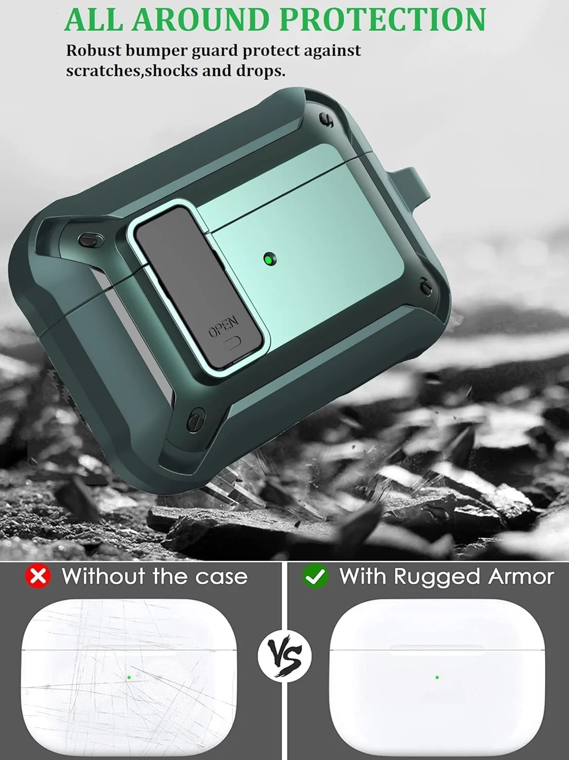 DL3 Mobilak Case Compatible with AirPods Pro Cover with Lock, Compatible with AirPods Pro 2nd Generation/1st Generation Case (2023/2022/2019) - Black Green