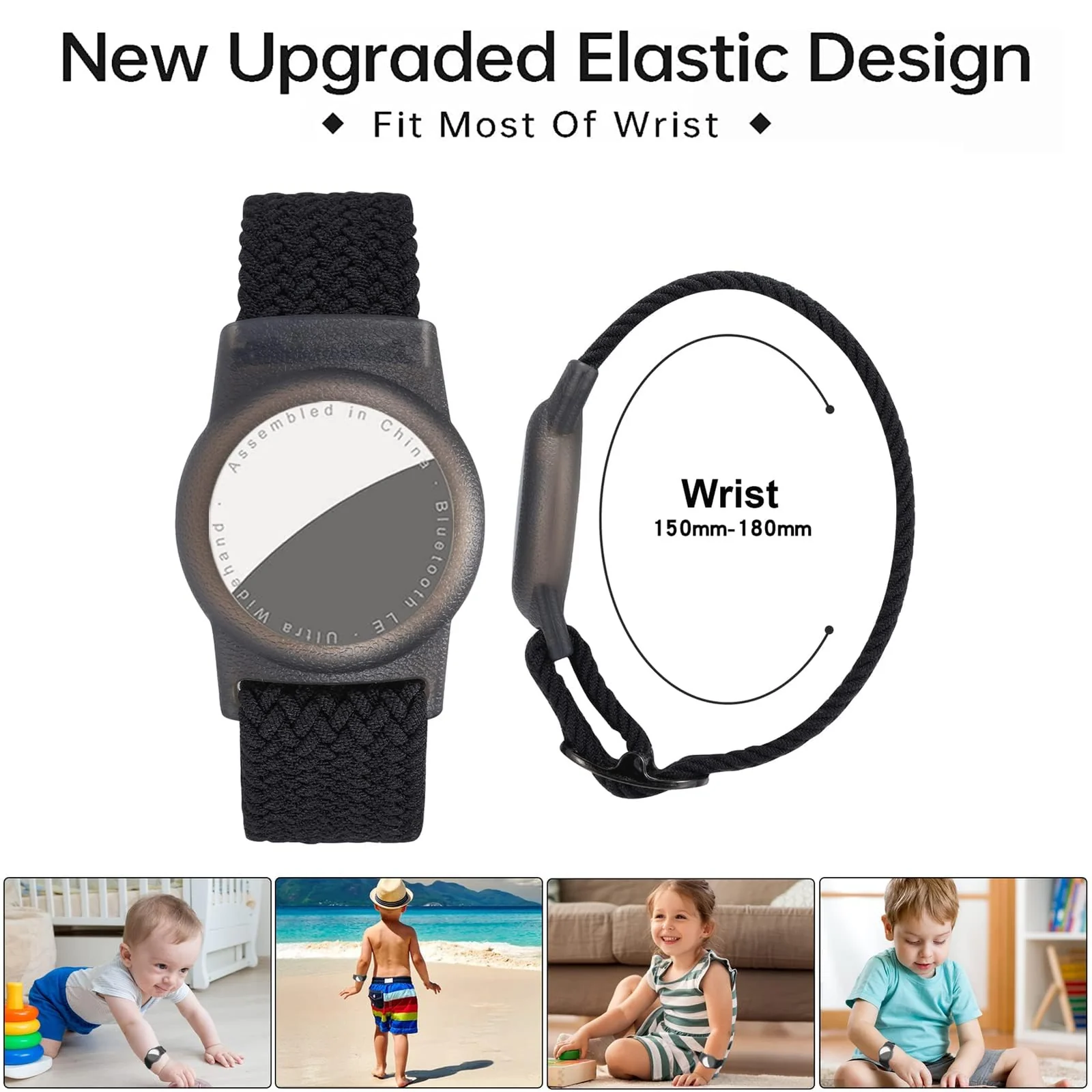 DL3 Mobilak Bracelet for Kids Compatible with AirTag, Nylon Stretch Braided Air Tag Wristband, Protective Case for Airtag GPS Tracker Holder, Adjustable Elastic Watch Strap for Toddler Child Elde - Black