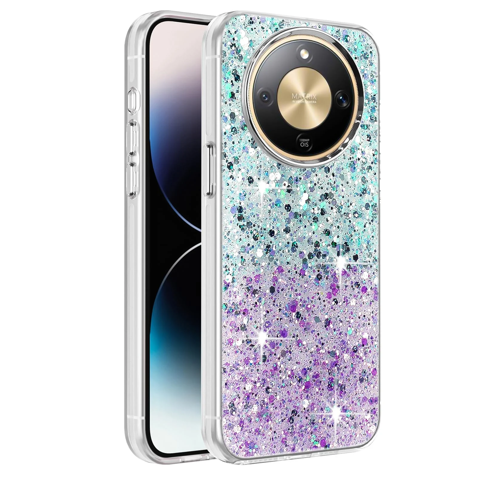 DL3 Mobilak Compatible with Honor X9d Case, Clear Glitter Bling Sparkly, Soft TPU Frame Bumper, Hard-Back Cover for Women & Girls, Transparent Protective Phone Case - Green Purple