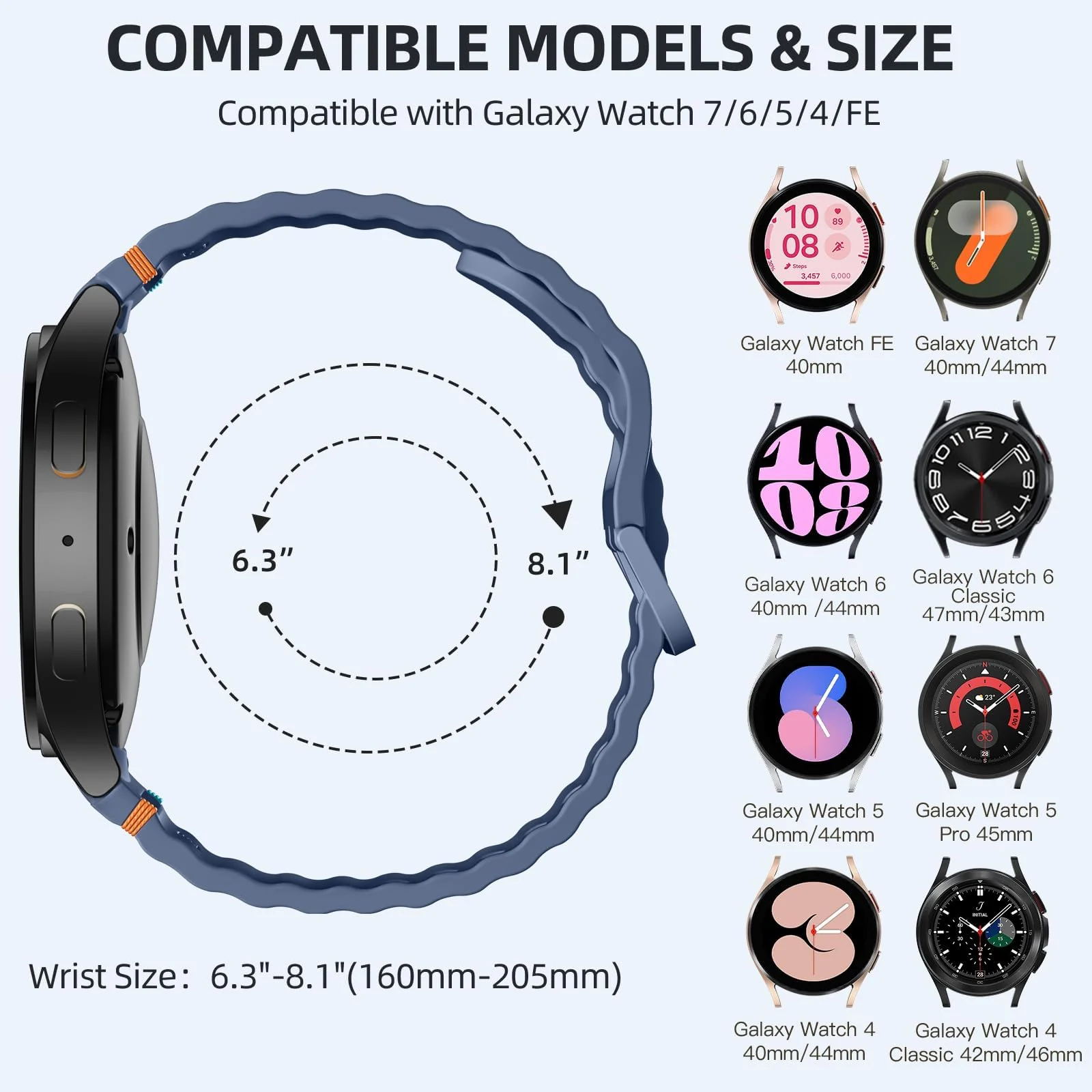 DL3 Mobilak No Gap Sport Bands For Samsung Galaxy Watch 7 6 5 4 FE Strap 40mm 44mm, Soft Silicone Sport Band for Galaxy Watch 6 Classic Straps 47mm 43mm/Galaxy Watch 5 Pro/Watch 4 Classic 42mm 46mm for Men Women - Blue Grey