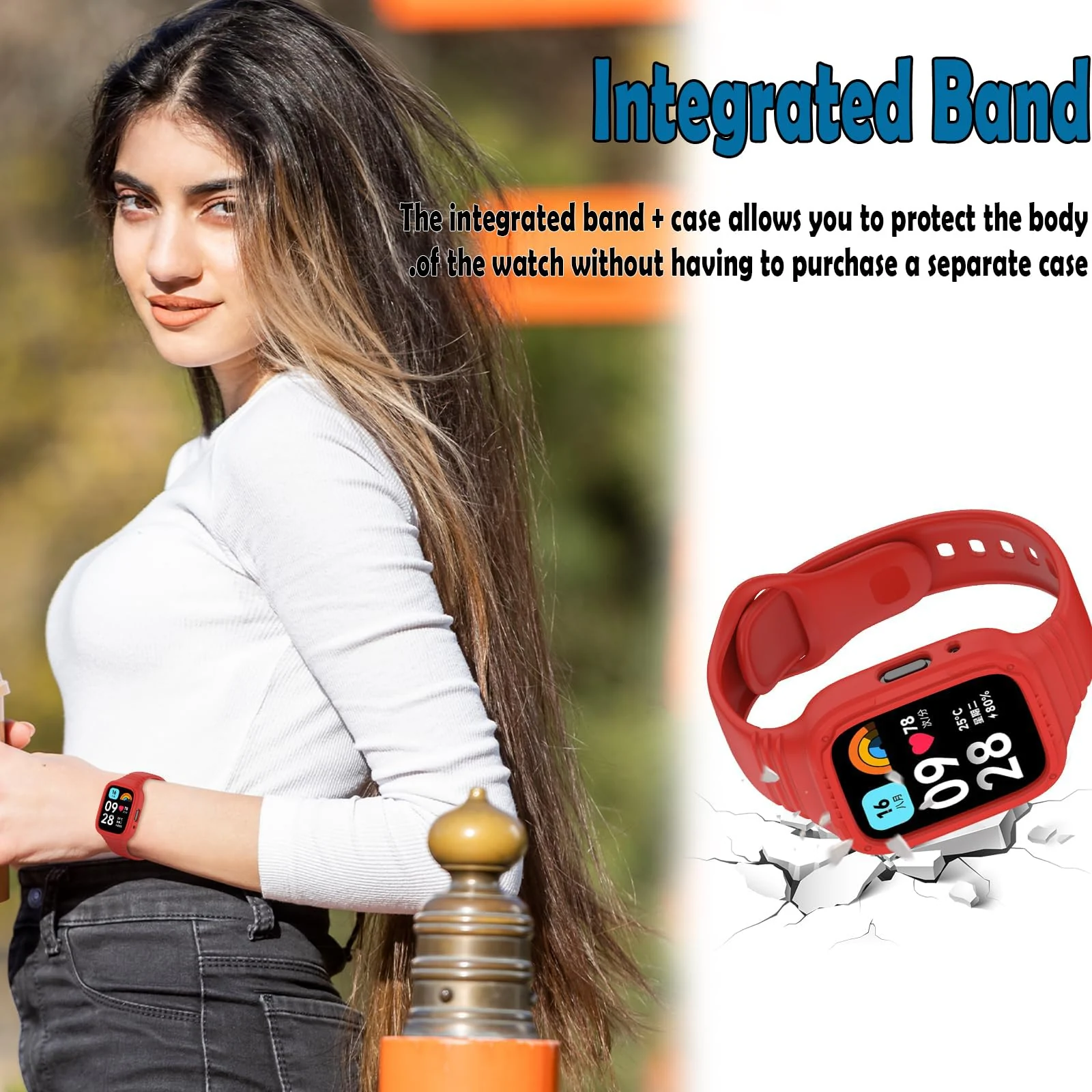 DL3 Mobilak Strap With Cover Compatible with Xiaomi Redmi Watch 3 Lite/Redmi Watch 3 Active, Silicone Sport Band Replacement Watchband with Bumper Case, Adjustable Wristband - Red